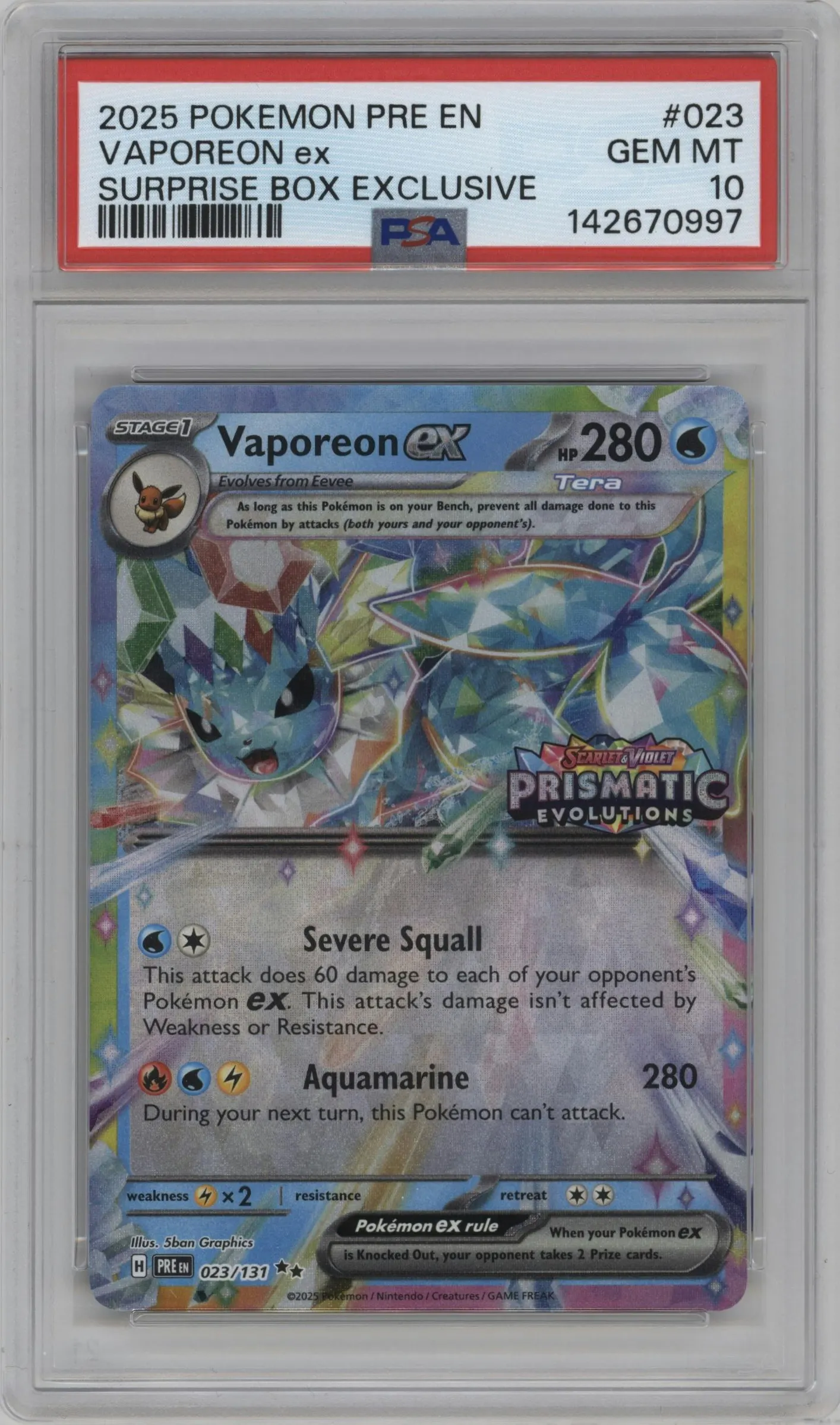 2025 Pokemon SV Prismatic Evolutions Vaporeon ex Prismatic Evolutions Surprise Box #023 PSA 10