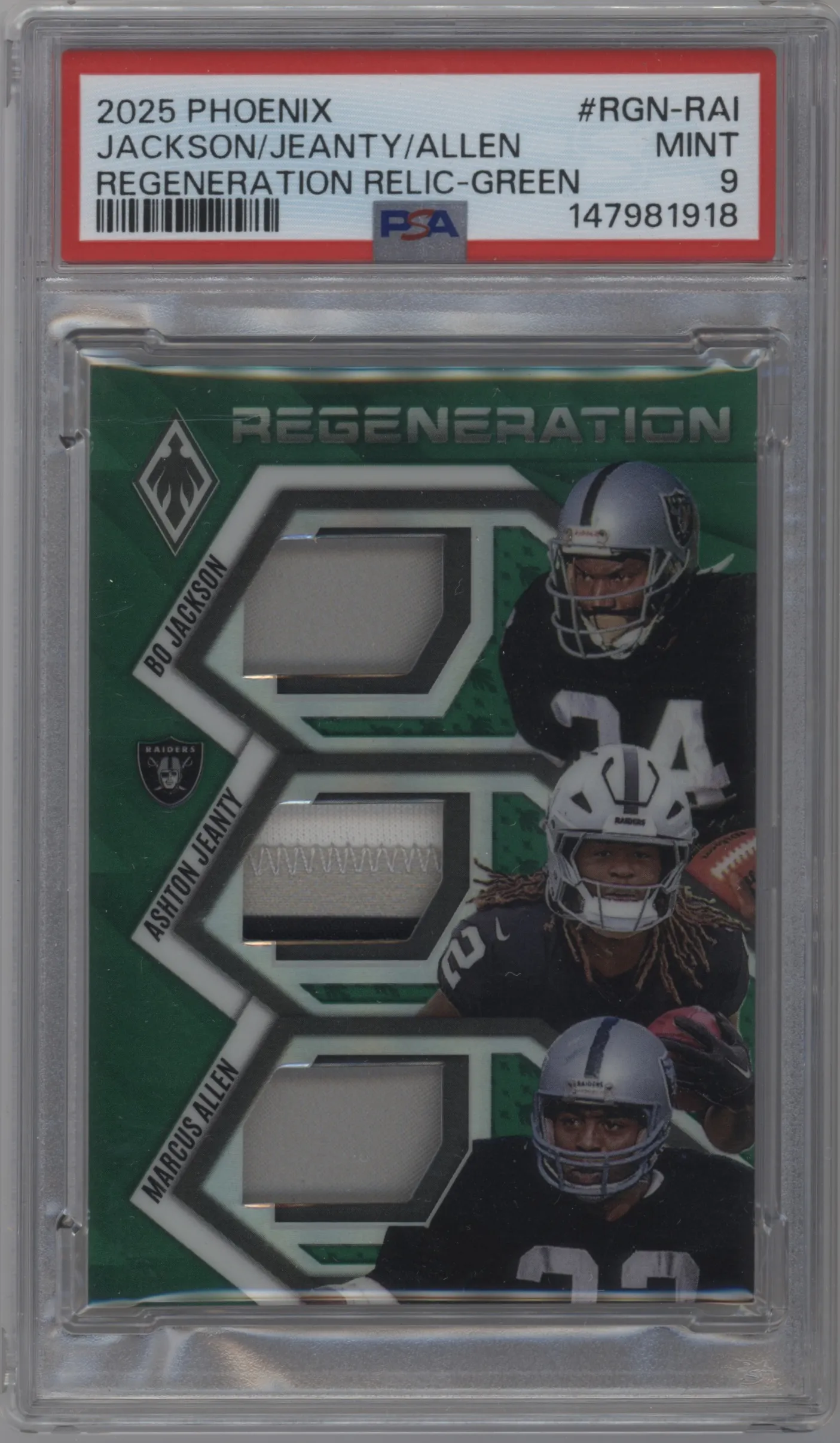 2025 Panini Phoenix Regeneration Bo Jackson/Ashton Jeanty/Marcus Alle Green #RGN-RAI PSA 9