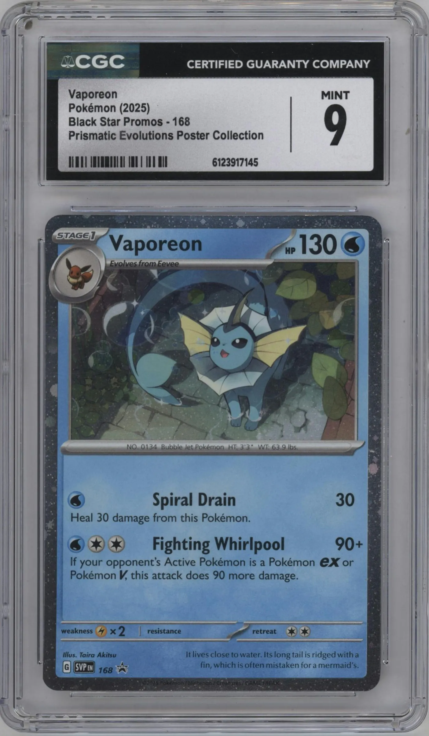 2025 Pokemon SV Vaporeon Prismatic Evolutions Poster Collection #168 CGC 9
