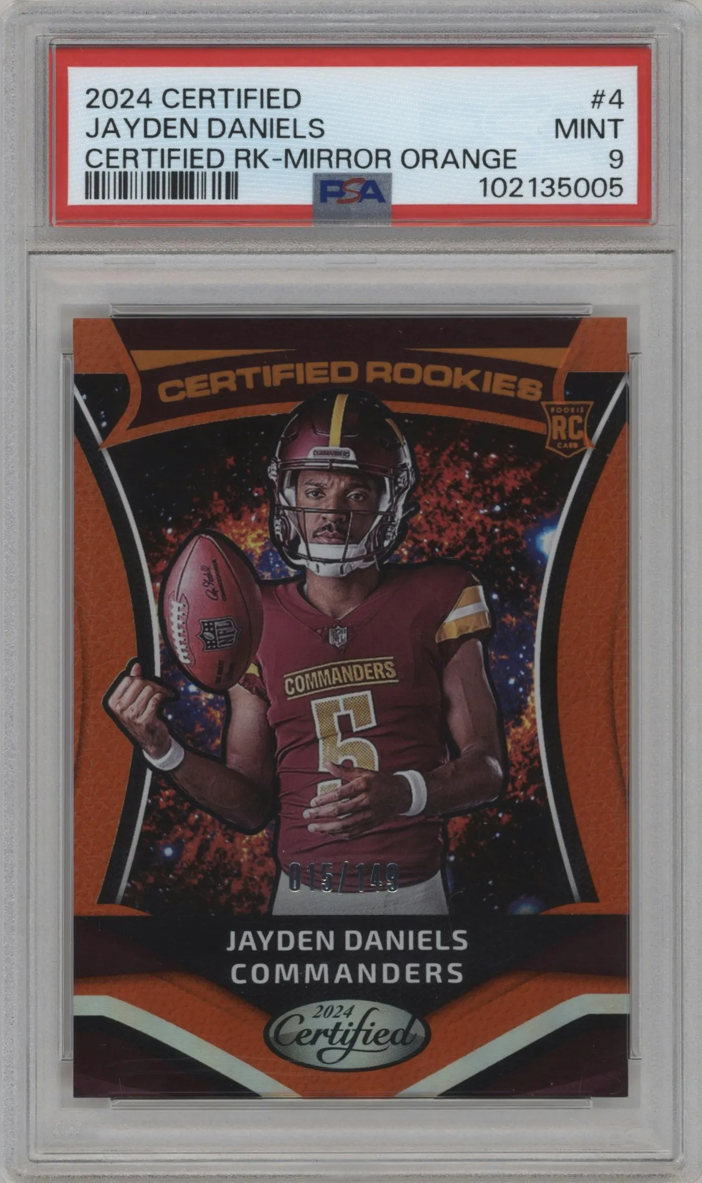 2024 Panini Certified Certified Rookies Jayden Daniels Orange Mirror #4 PSA 9