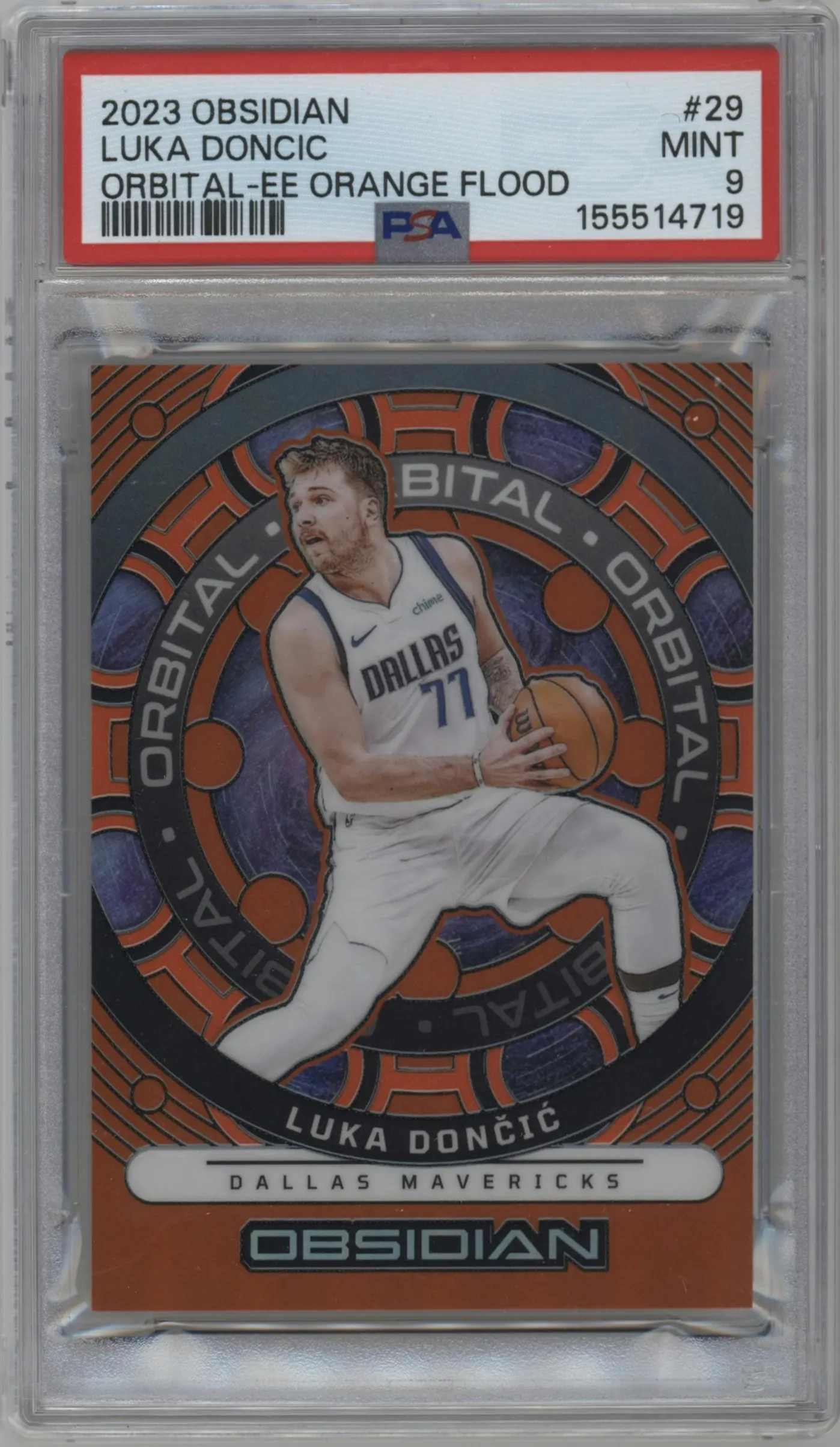 2023 Panini Obsidian Orbital Luka Doncic Electric Etch Orange Flood #29 PSA 9