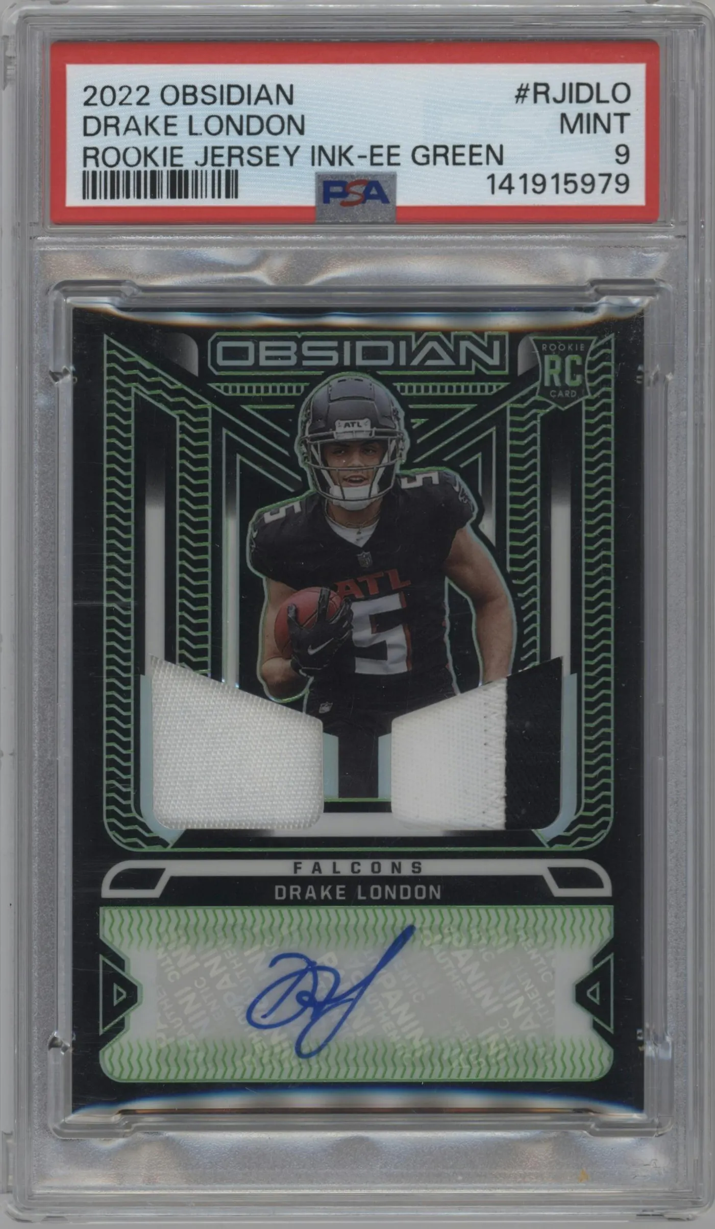 2022 Panini Obsidian Rke.Jrsy.Ink Drake London Electric Etch Green #RJI-DLO PSA 9