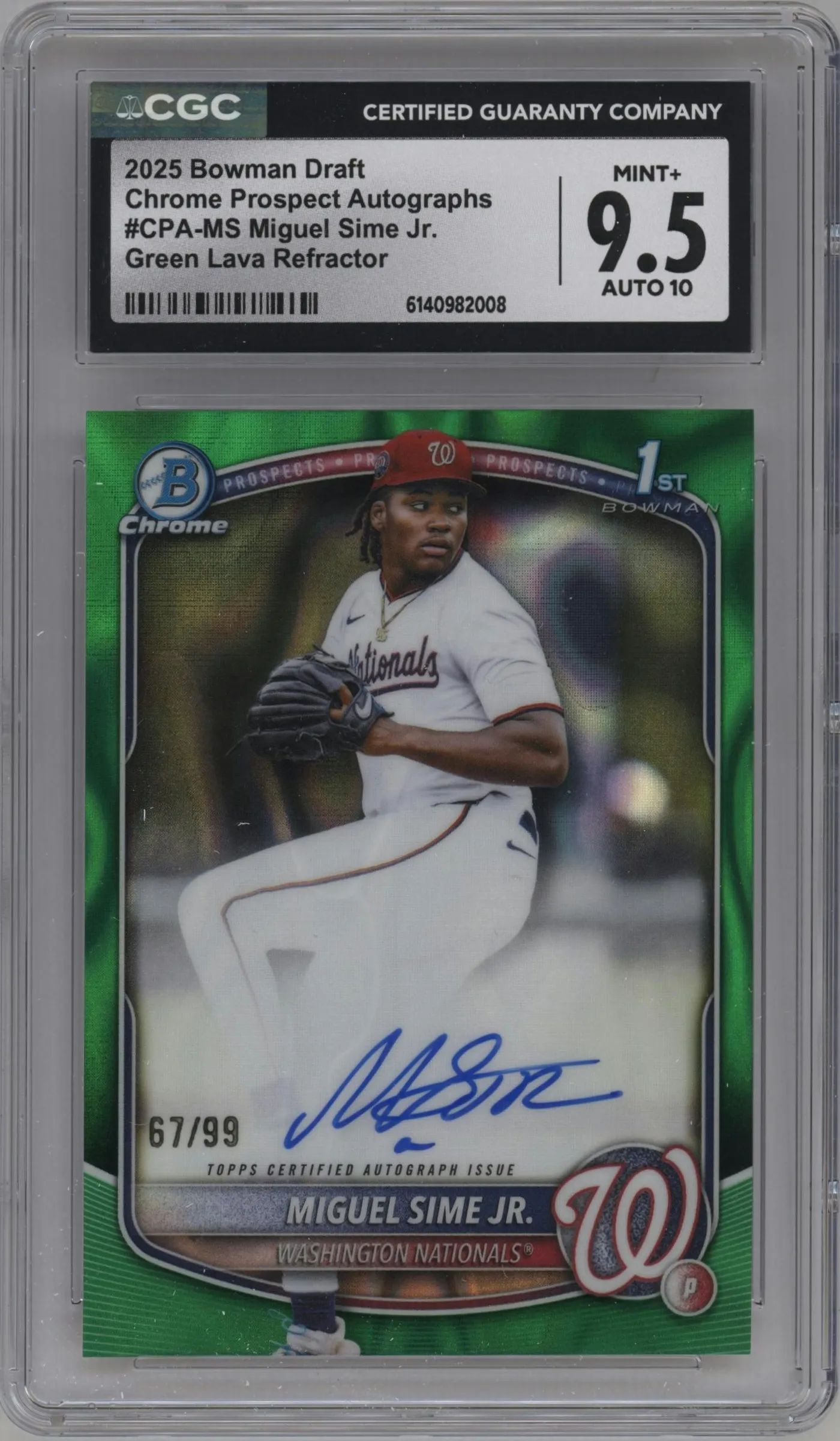 2025 Bowman Draft Chr.Pros.Auto Miguel Sime Jr. Green Lava Refractor CGC 9.5