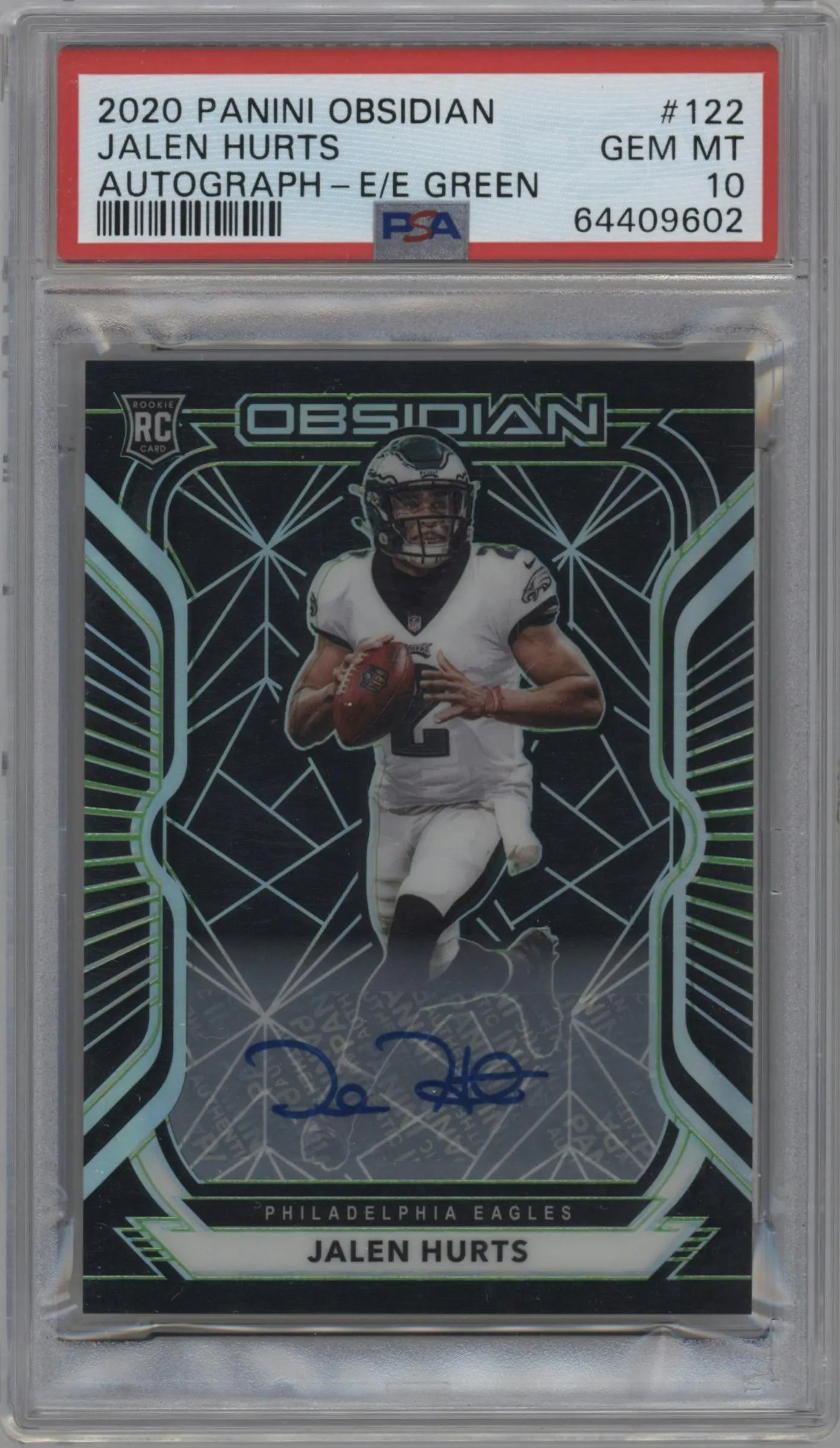 2020 Panini Obsidian Rke.Auto Jalen Hurts Electric Etch Green #122 PSA 10