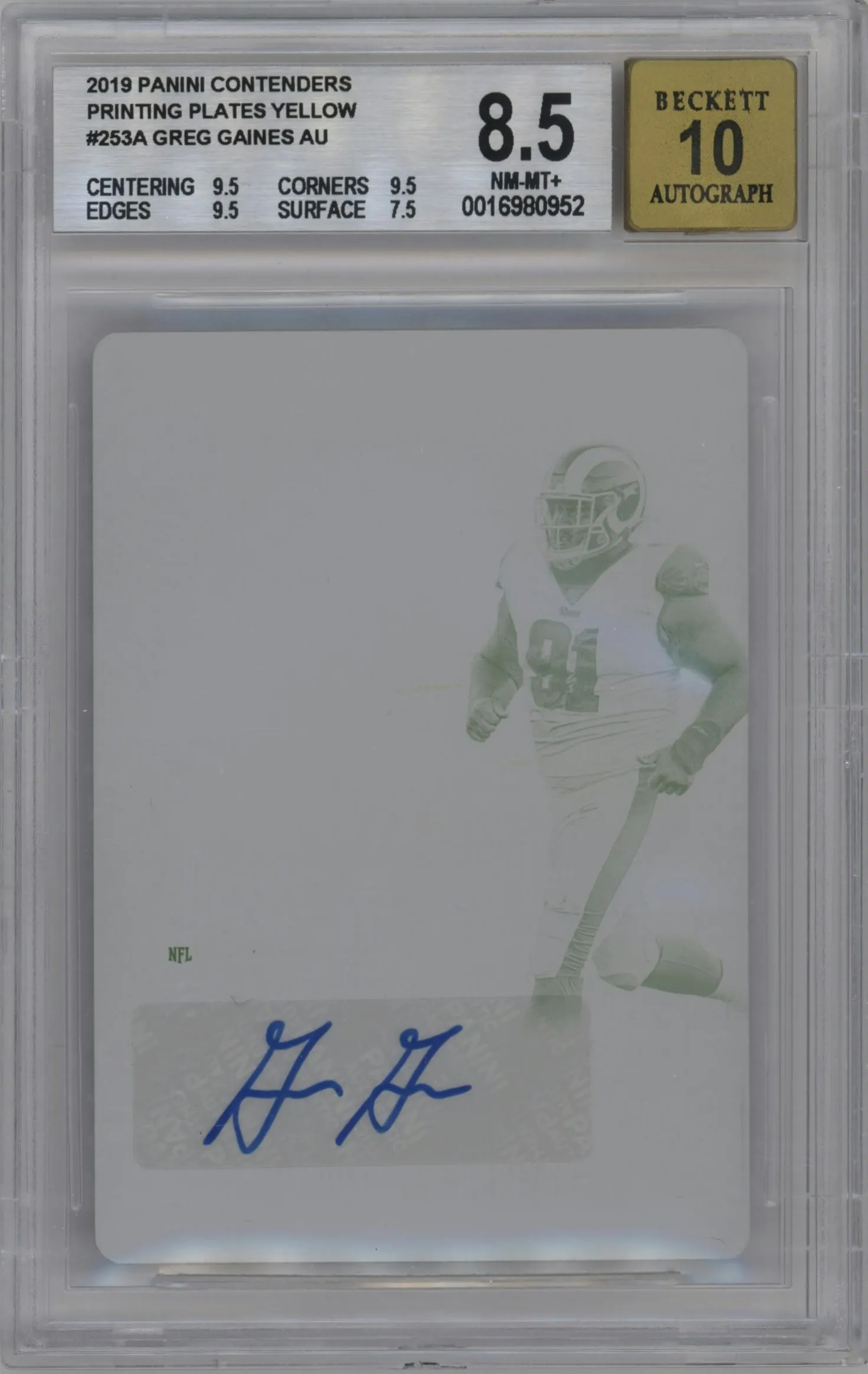 2019 Panini Contenders Rookie Ticket RPS Greg Gaines Printing Plate Yellow #253 BGS 8.5