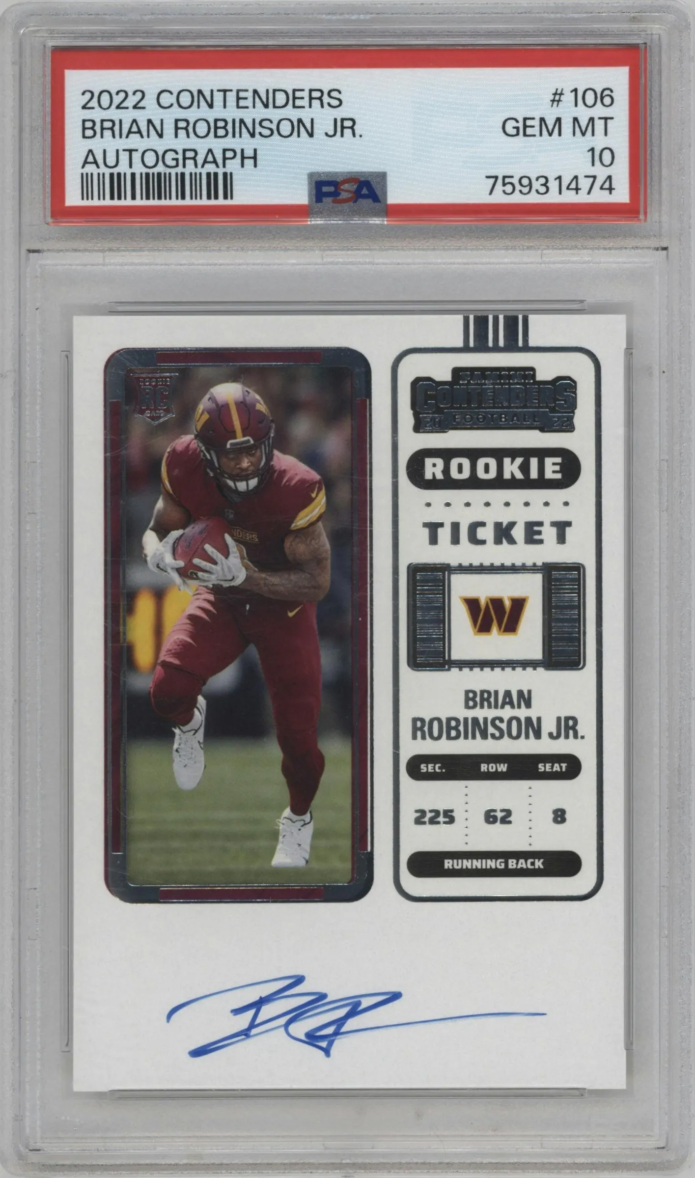 2022 Panini Contenders Rke.Tkt.RPS Brian Robinson Jr. PSA 10