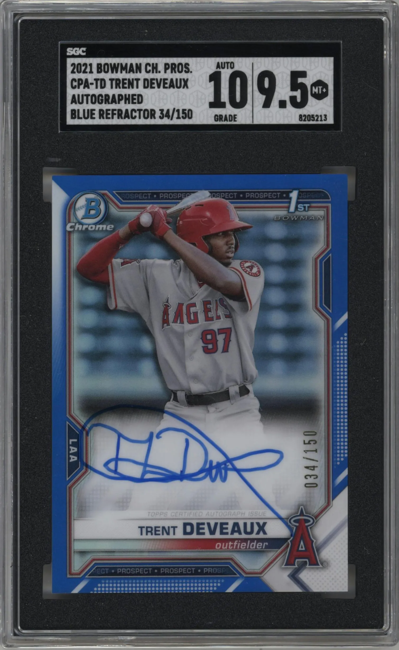 2021 Bowman Chrome Pros.Auto Trent Deveaux Blue Refractor #CPA-TD SGC 9.5