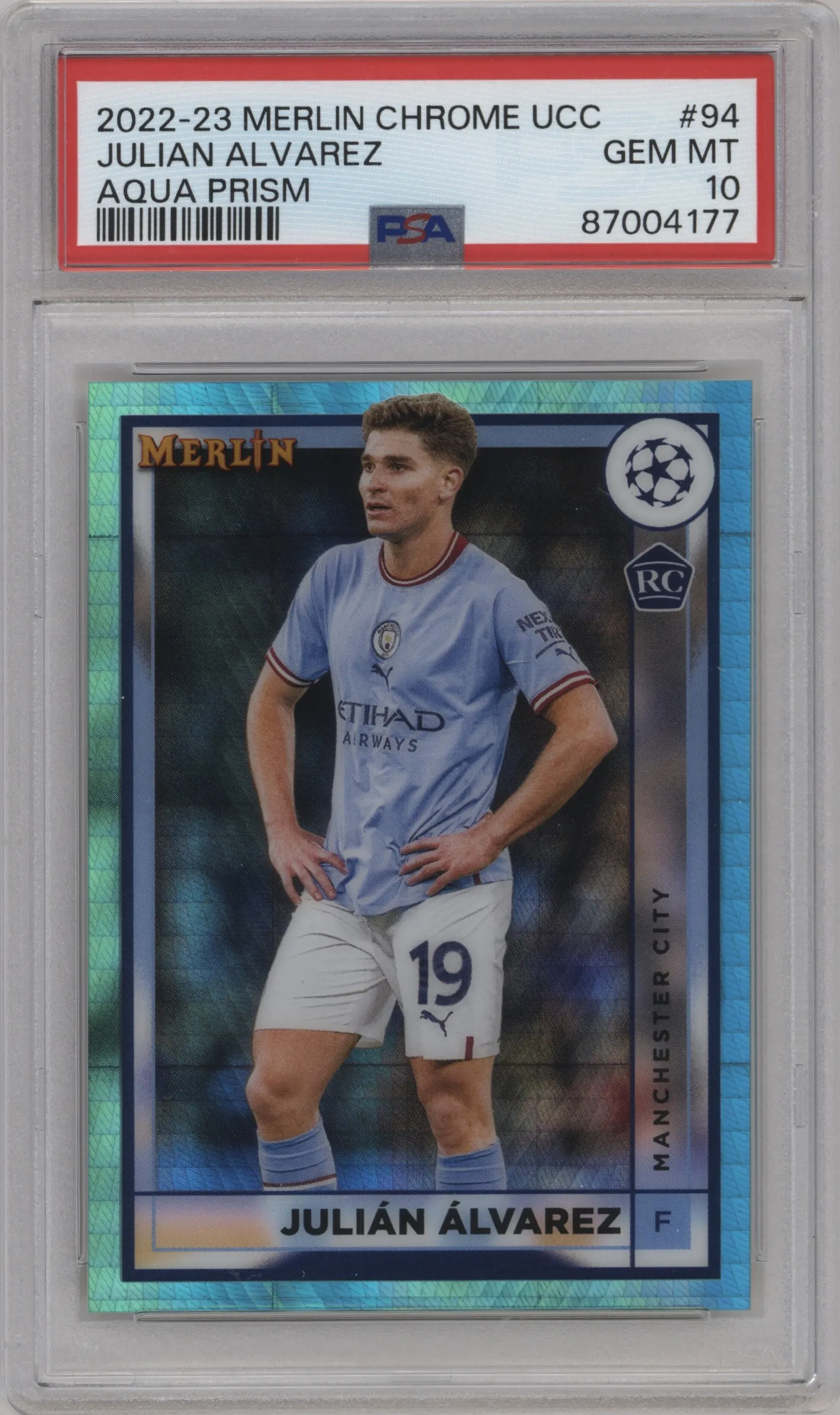 2022 Merlin UEFA Club Competitions Julian Alvarez Aqua Prism Refractor #94 PSA 10