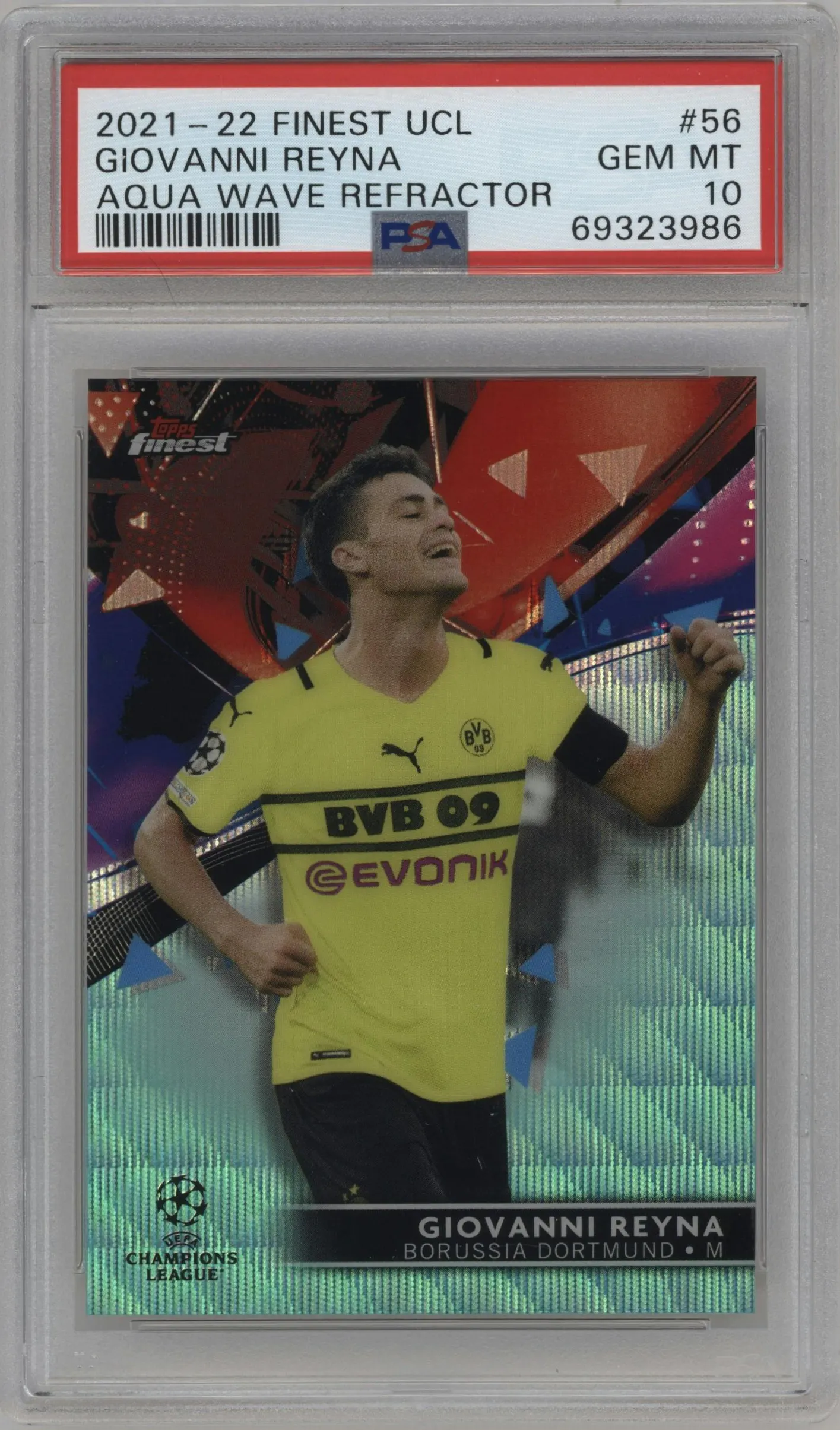 2021 Topps Finest UEFA Champions League Giovanni Reyna Aqua Wave Refractor #56 PSA 10