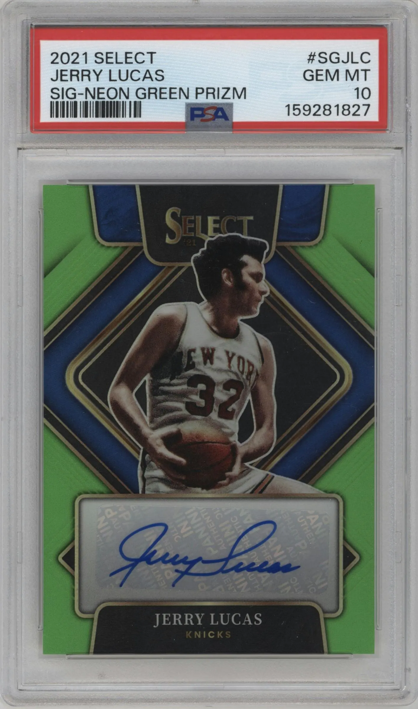 2021 Panini Select Sig. Jerry Lucas Neon Green Prizm #SG-JLC PSA 10
