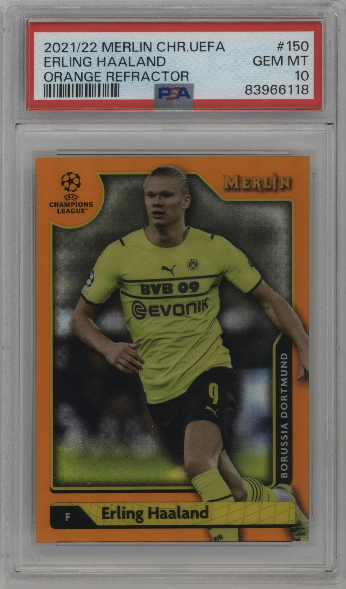 2021 Topps Merlin Chrome UEFA League Erling Haaland Orange Refractor #150 PSA 10
