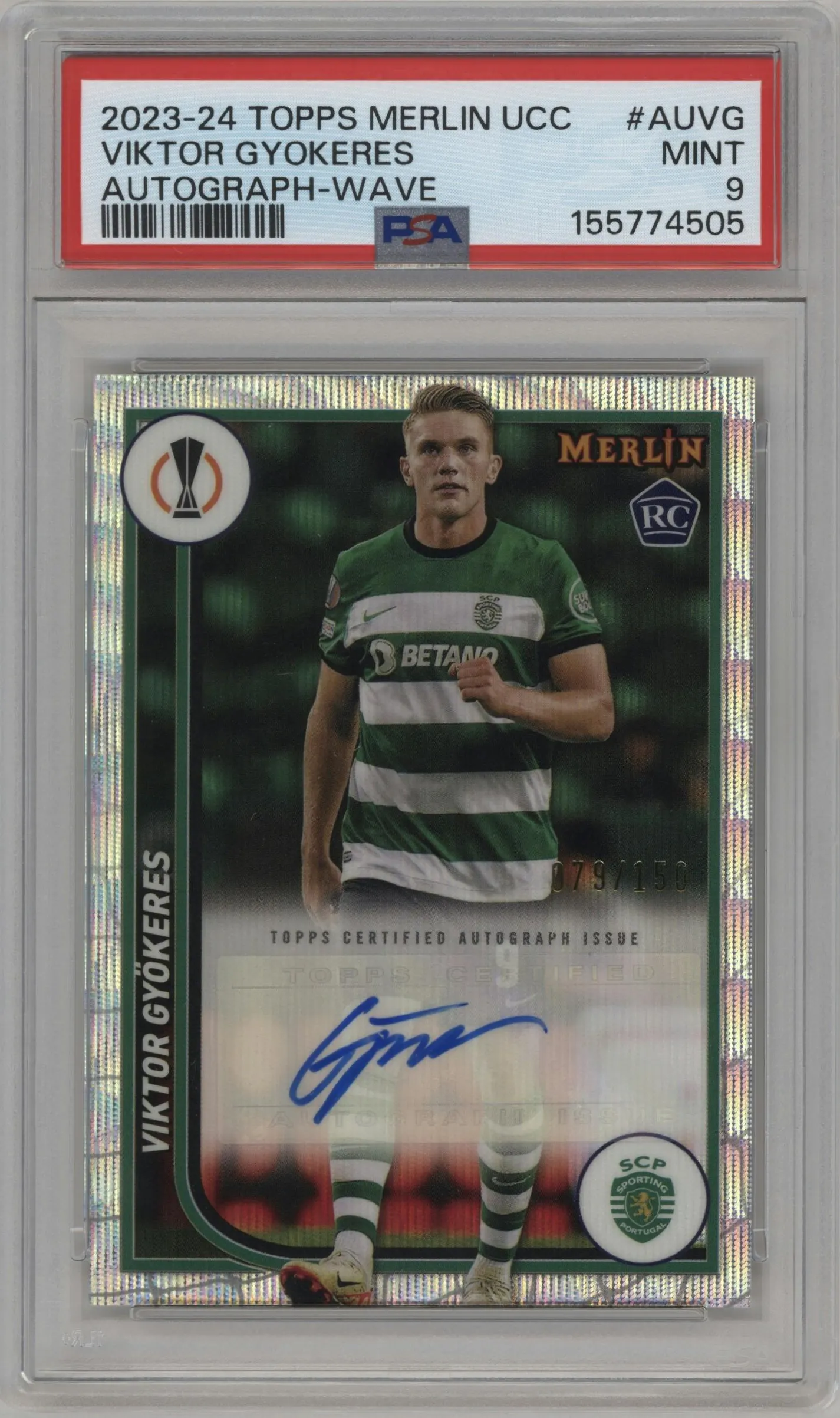 2023 Topps Merlin UEFA Club Competitions Auto Viktor Gyokeres Wave Refractor PSA 9