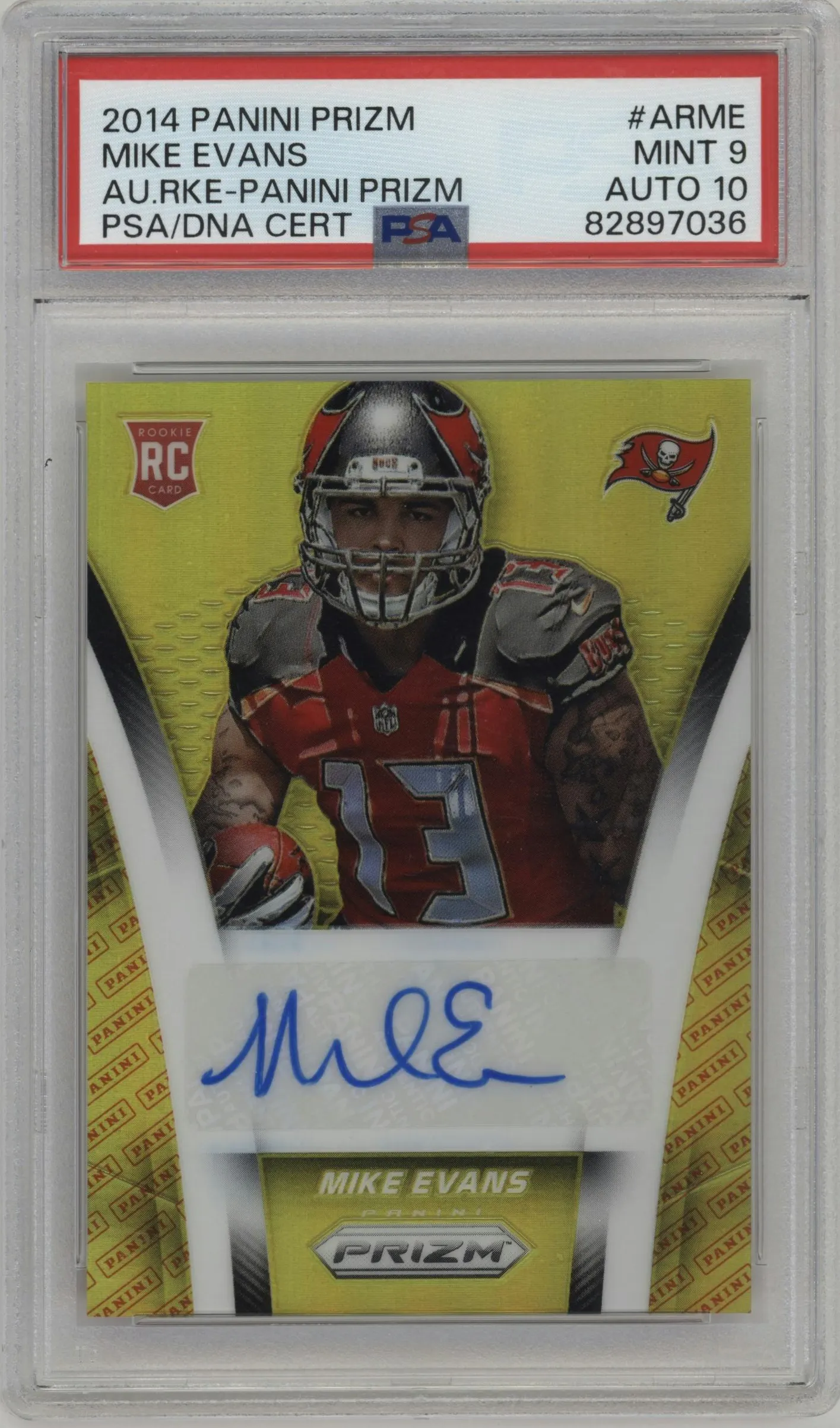 2014 Panini Prizm Auto Rke. Mike Evans Panini Logo #AR-ME PSA 9
