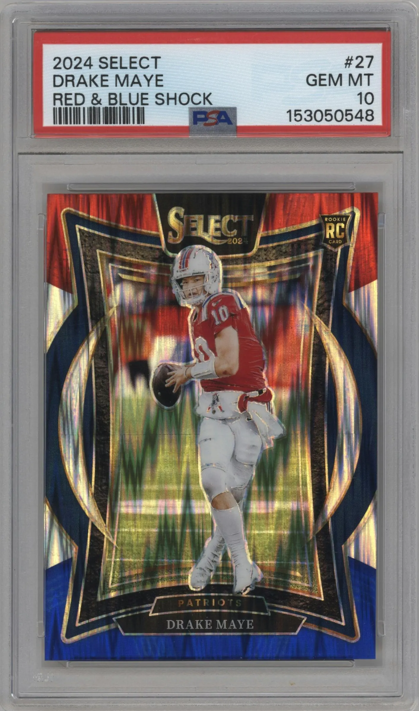 2024 Panini Select Drake Maye Red & Blue Shock Prizm #27 PSA 10