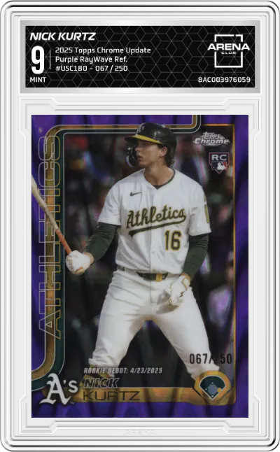 2025 Topps Chrome Update Nick Kurtz Purple RayWave Refractor ARENA CLUB 9
