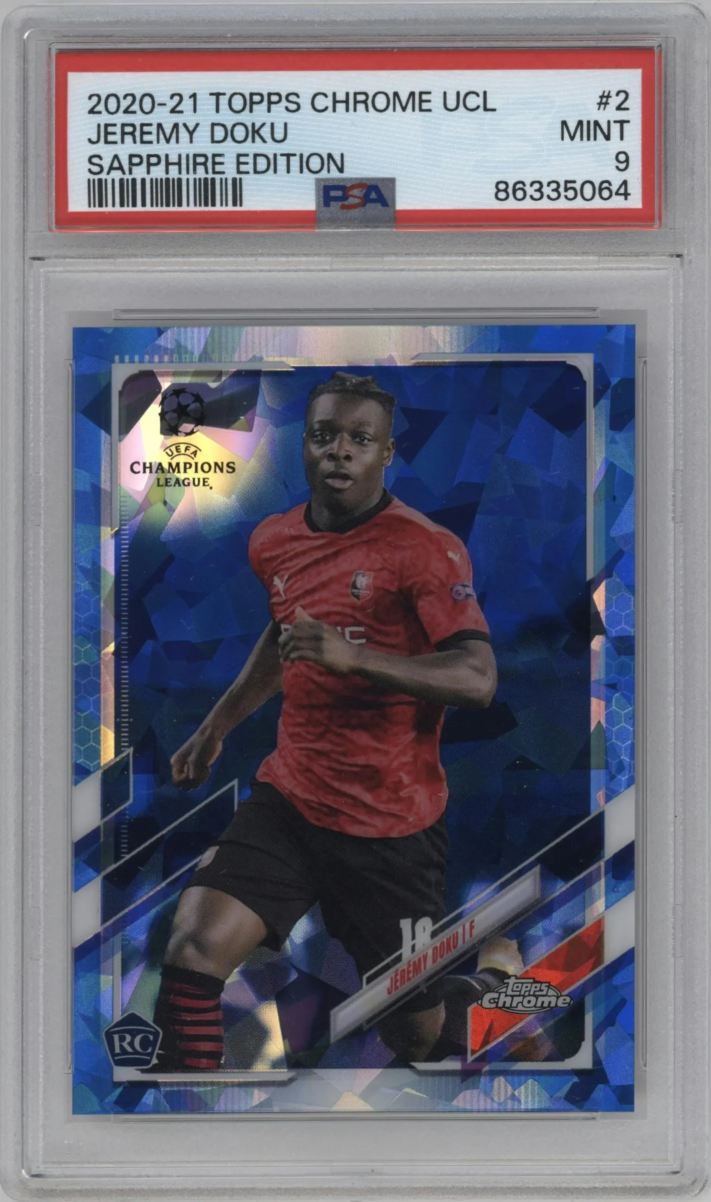 2020 Topps Chrome Sapphire Edition UEFA Champions League Jeremy Doku #2 PSA 9