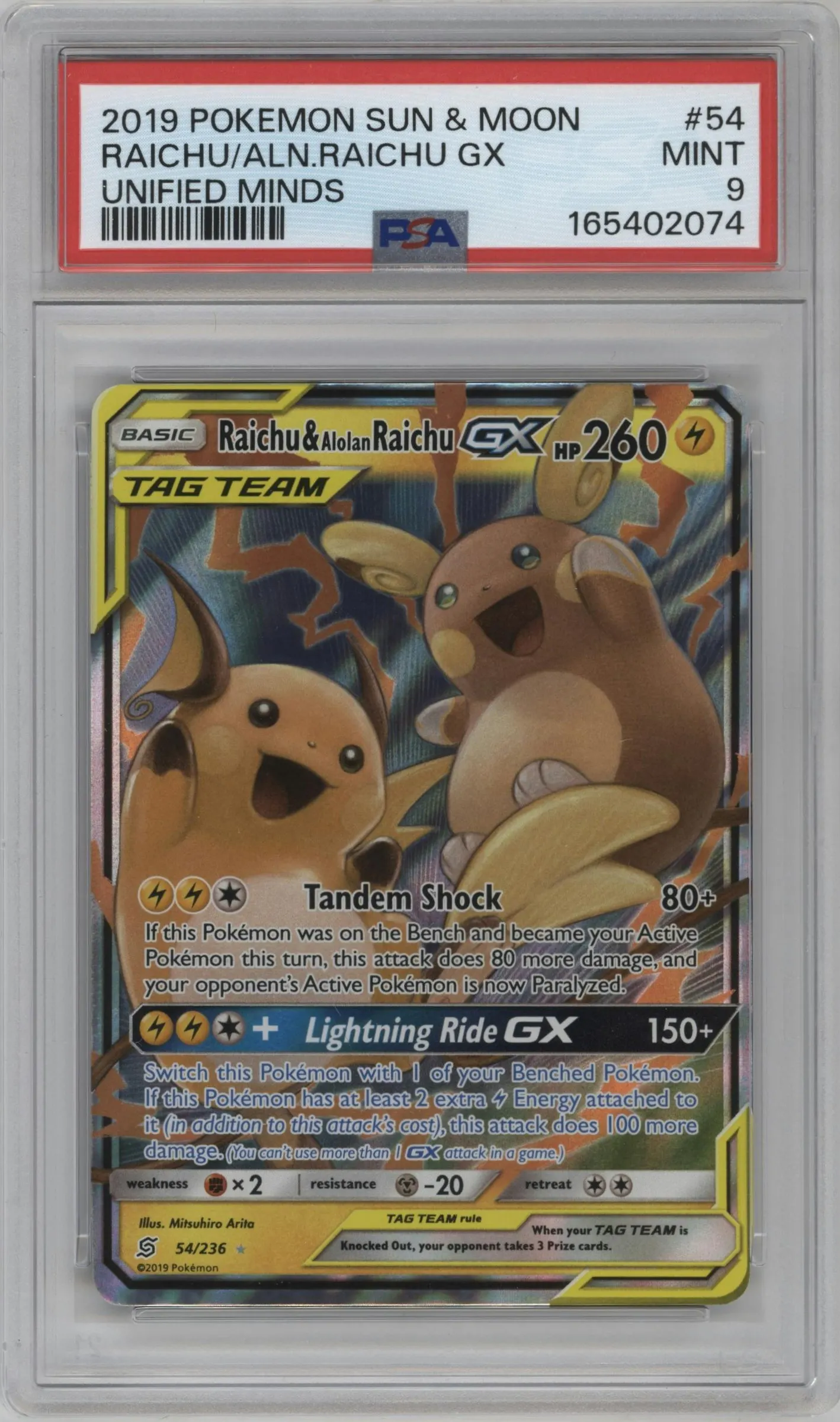 2019 Pokemon S&M Unified Minds Raichu/Alolan Raichu GX #54 PSA 9