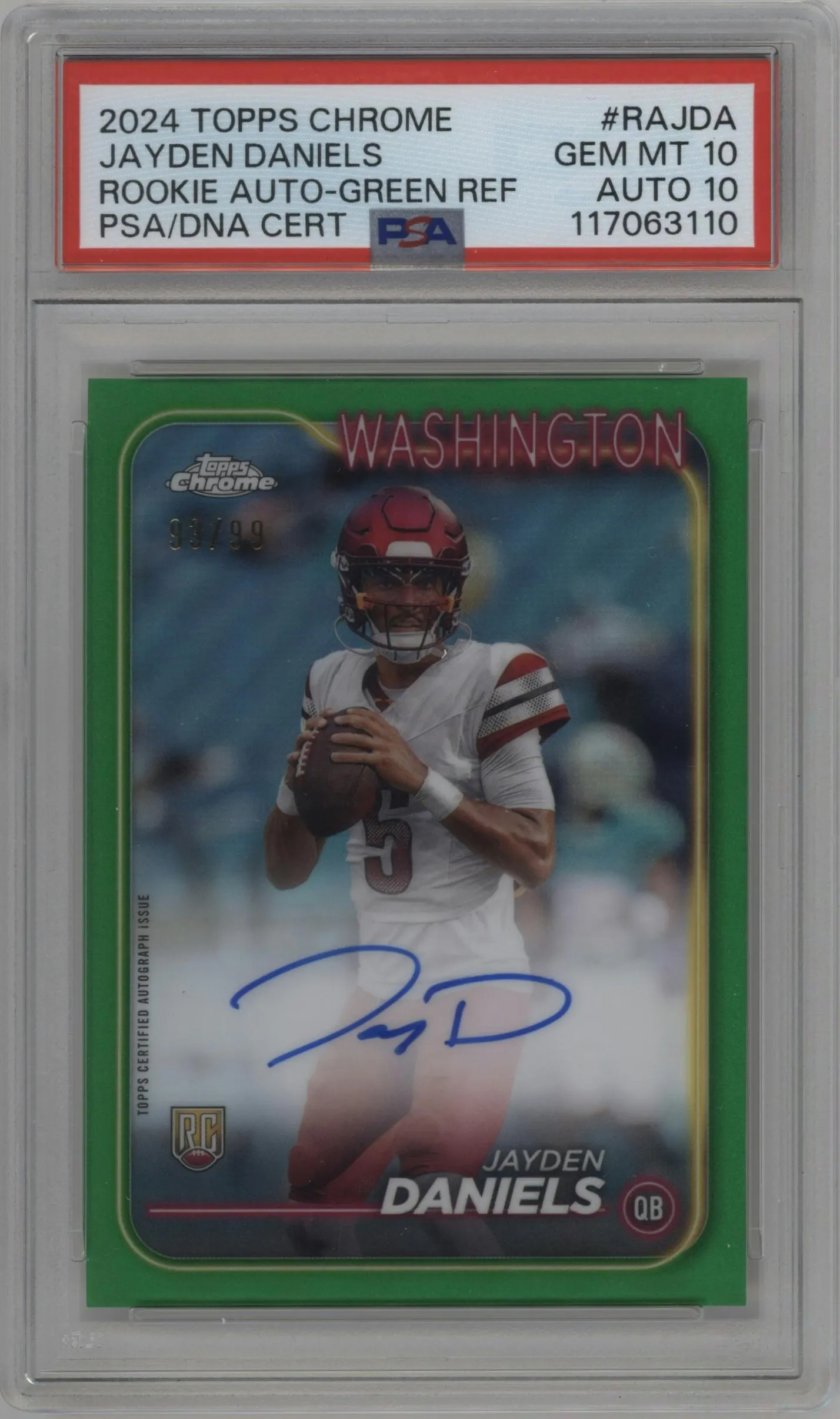 2024 Topps Chrome Rke.AU Var. Jayden Daniels Green Refractor #RA-JDA PSA 10