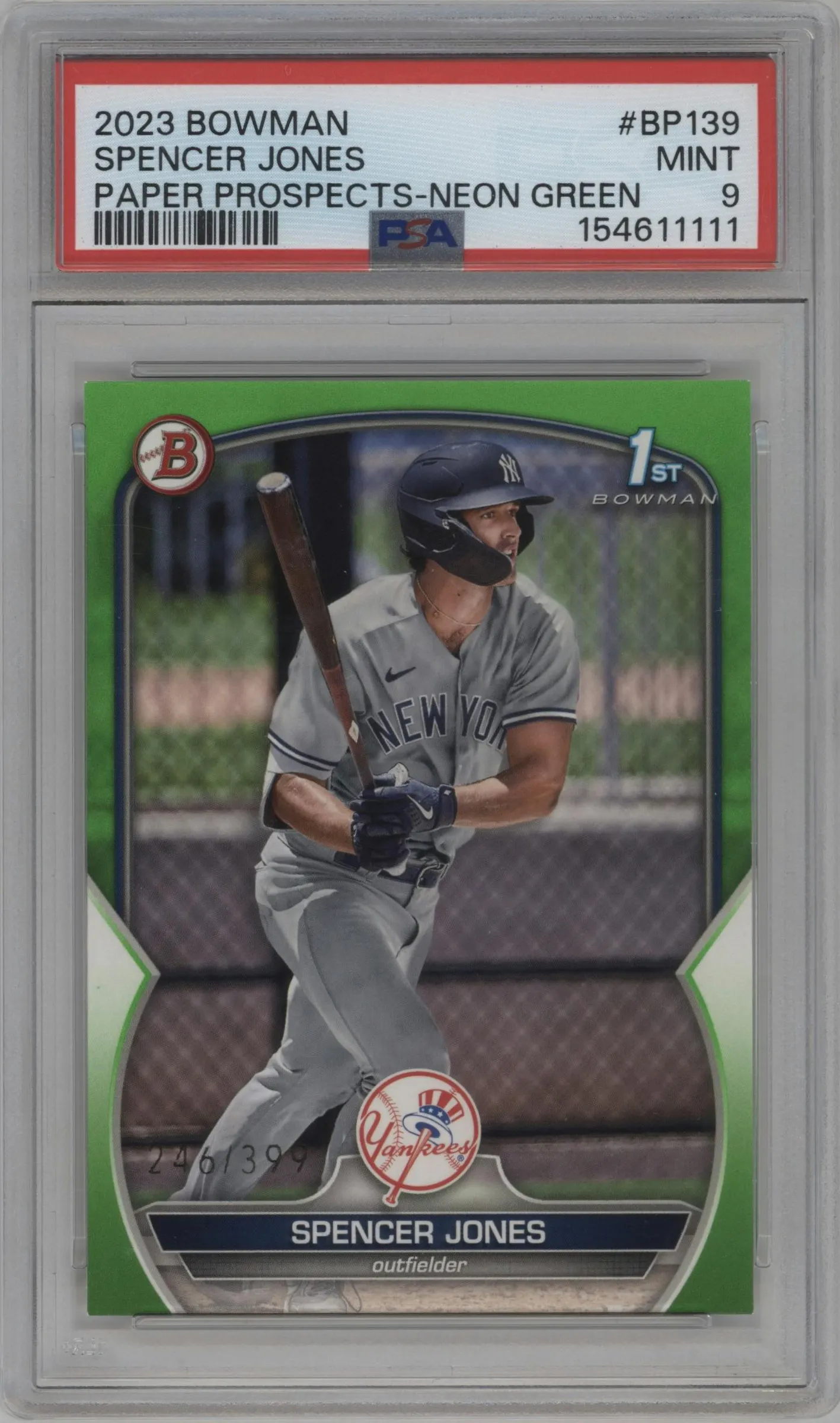 2023 Bowman Prospect Spencer Jones Neon Green #BP-139 PSA 9