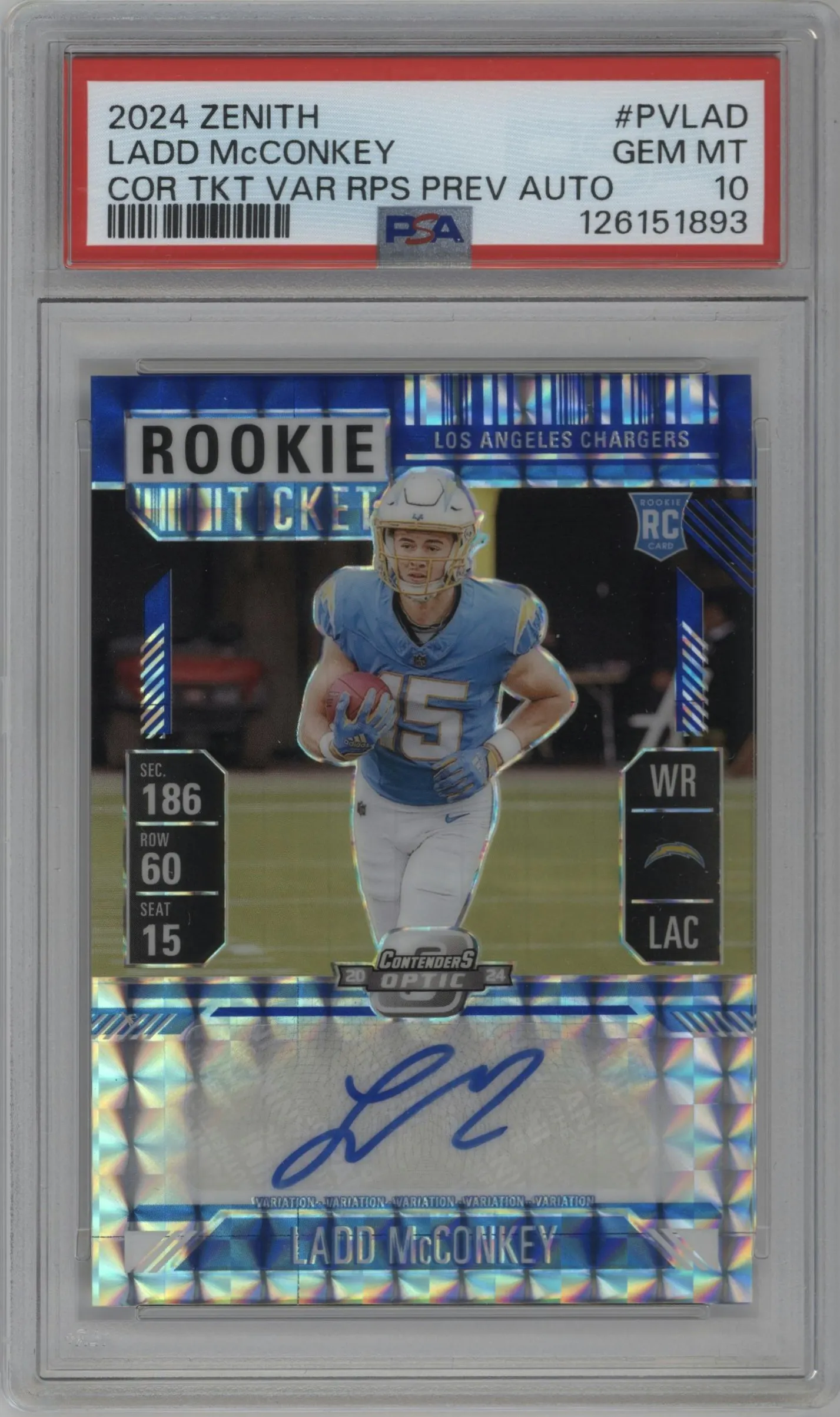2024 Panini Zenith Cont.Opt.Rke.Tkt.Var.Prev. Ladd McConkey Blue PSA 10