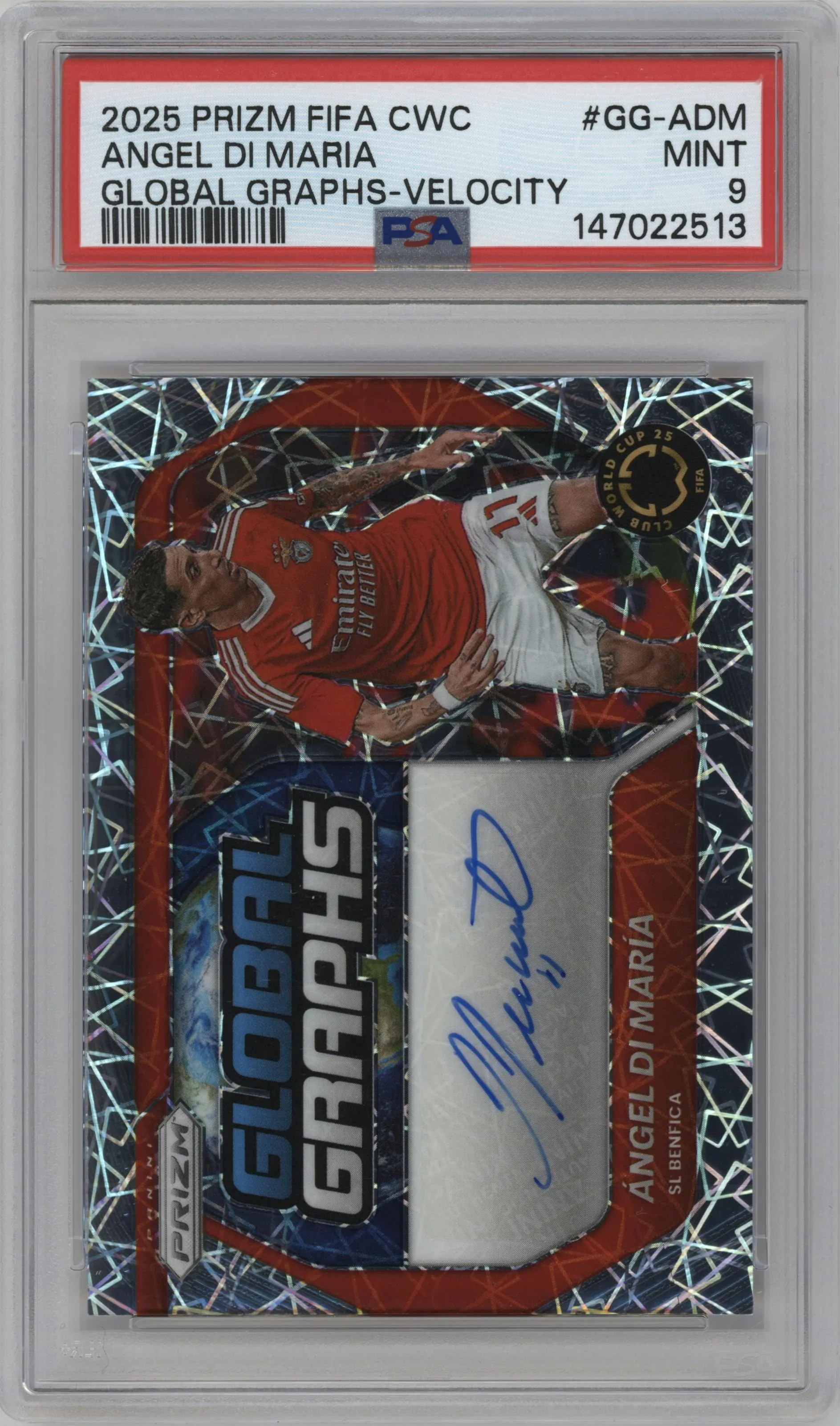 2025 Panini Prizm FIFA Club World Cup Global Graphs Angel Di Maria Velocity #GG-ADM PSA 9