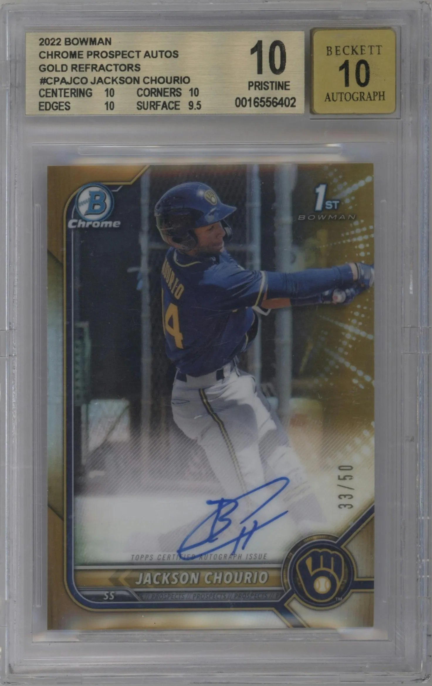 2022 Bowman Chrome Pros.Auto Jackson Chourio Gold Refractor #CPA-JCO BGS 10