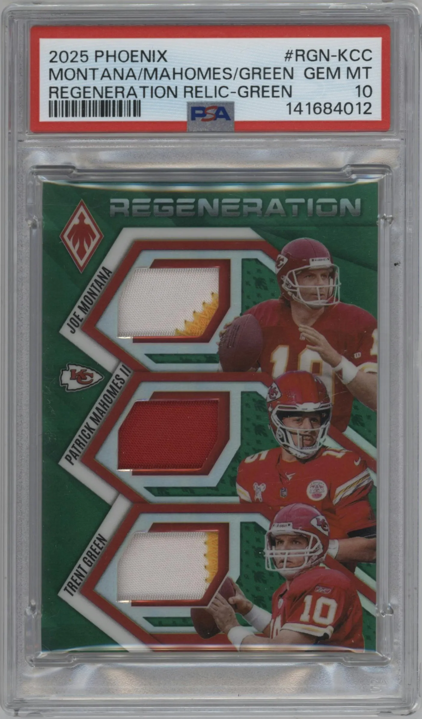 2025 Panini Phoenix Regeneration Joe Montana/Patrick Mahomes II/Trent Green Green #RGN-KCC PSA 10