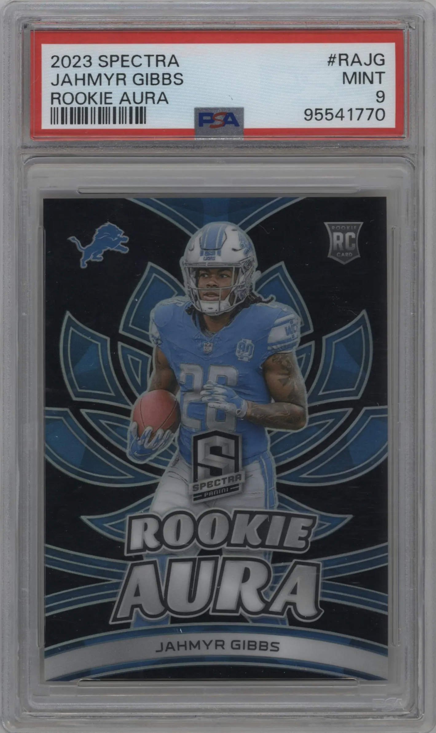 2023 Panini Spectra Rke.Aura Jahmyr Gibbs PSA 9