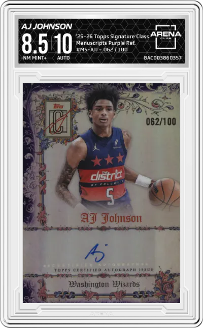 2025 2025-26 Topps Signature Class Topps Signature Class Manuscripts AJ Johnson Purple Refractor #MS-AJJ ARENA CLUB 8.5
