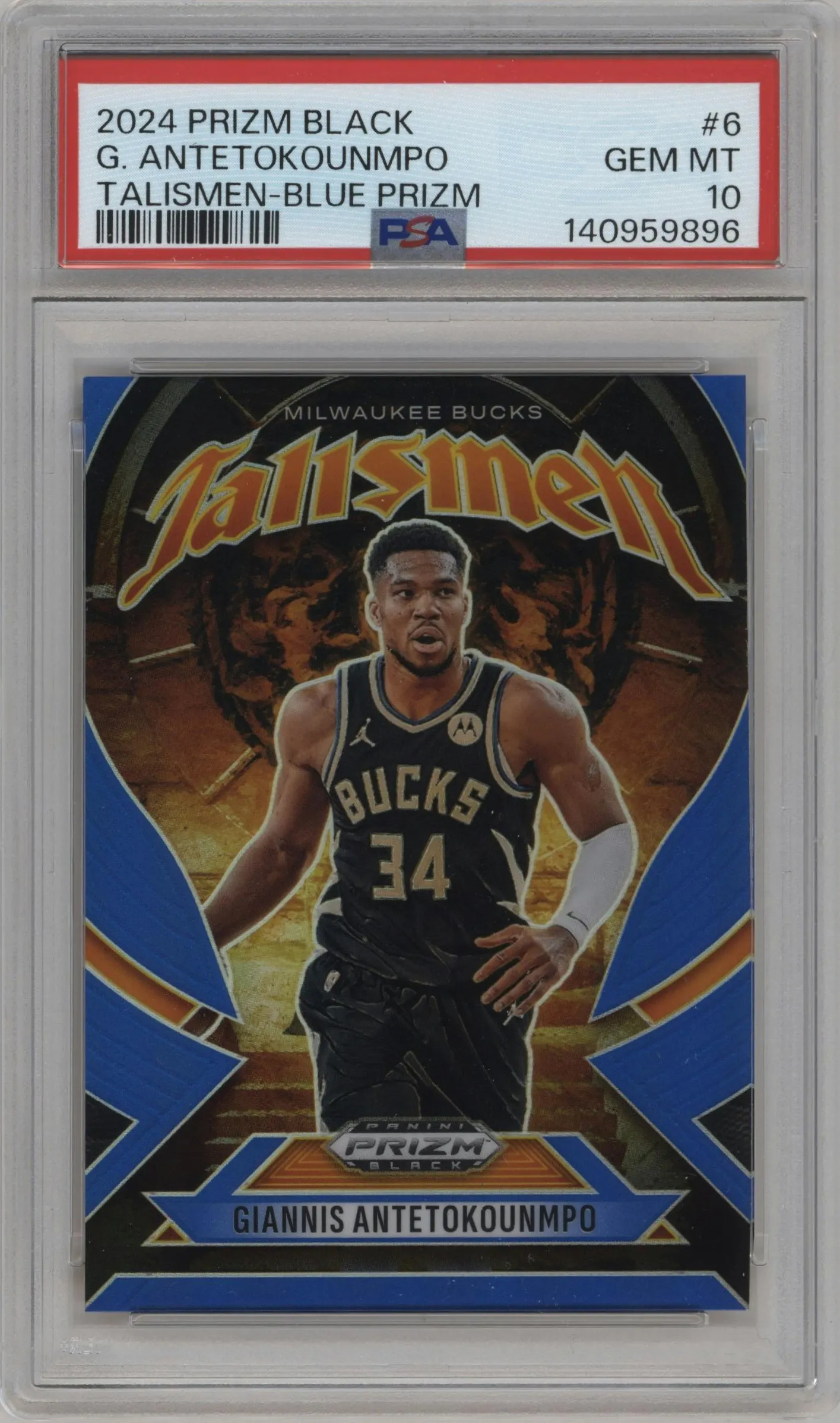 2024 Panini Prizm Black Talismen Giannis Antetokounmpo Blue Prizm #6 PSA 10