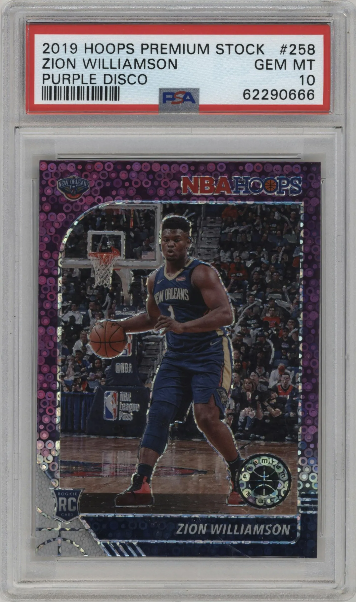 2019 Panini Hoops Premium Stock Zion Williamson Purple Disco #258 PSA 10