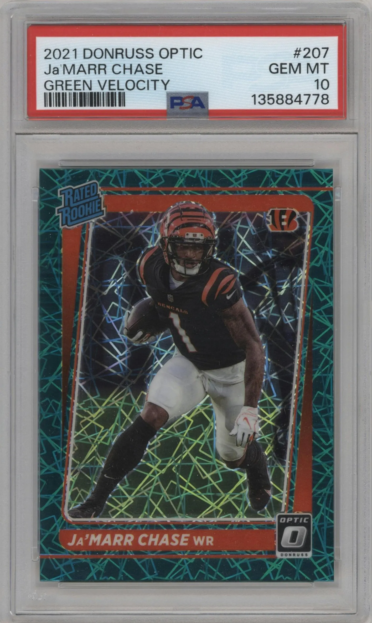 2021 Panini Donruss Optic Rated Rookie Ja'Marr Chase Green Velocity #207 PSA 10