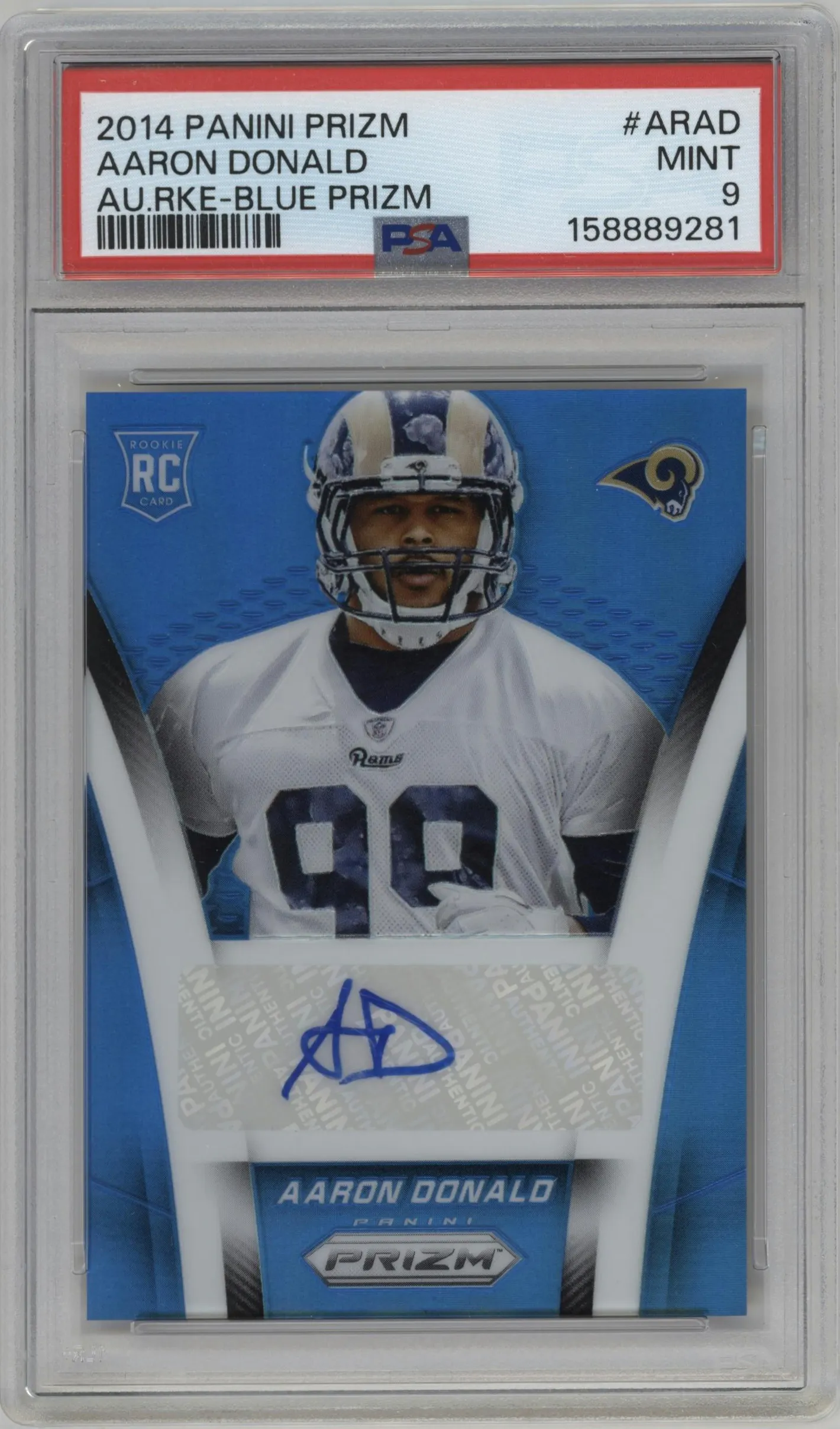 2014 Panini Prizm Auto Rke. Aaron Donald Blue Prizm #AR-AD PSA 9