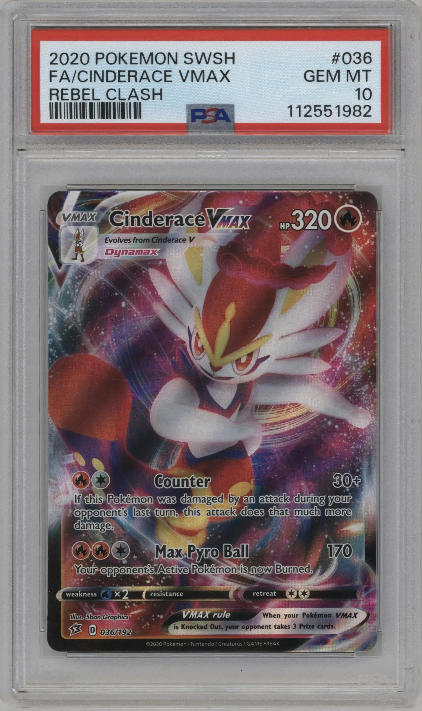 2020 Pokemon SWSH Rebel Clash Cinderace VMAX #036 PSA 10