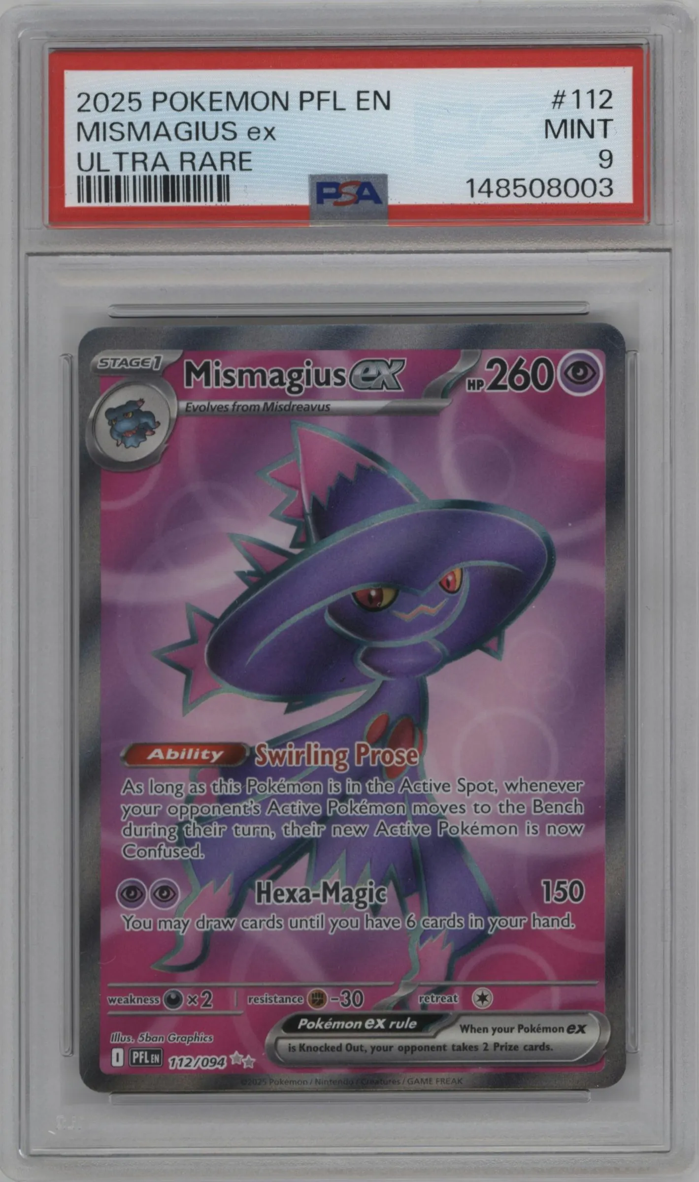 2025 Pokemon Mega Evolution Phan. Flames Mismagius ex #112 PSA 9