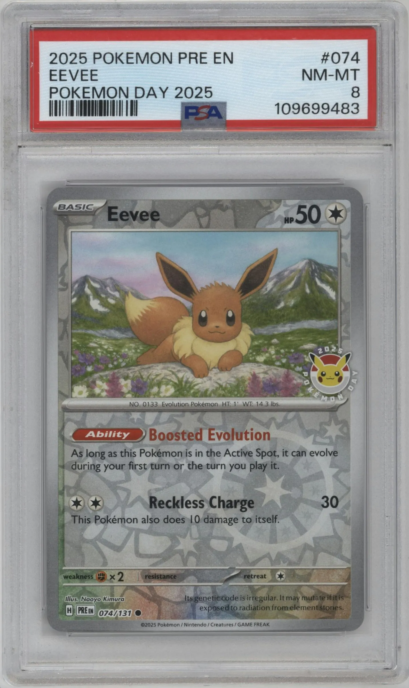 2025 Pokemon SV Prismatic Evolutions Eevee Pokemon Day 2025 #074 PSA 8