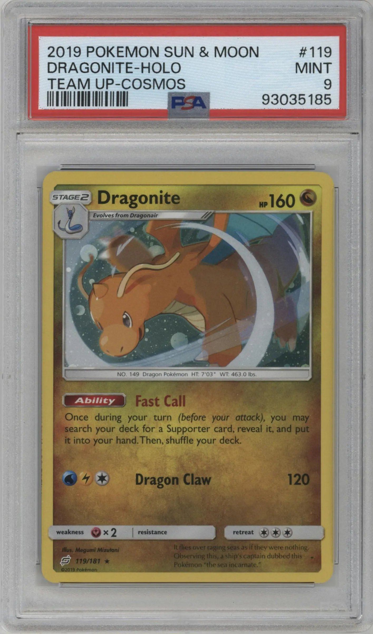 2019 Pokemon S&M Team Up Dragonite Dragon Tins Exclusive #119 PSA 9