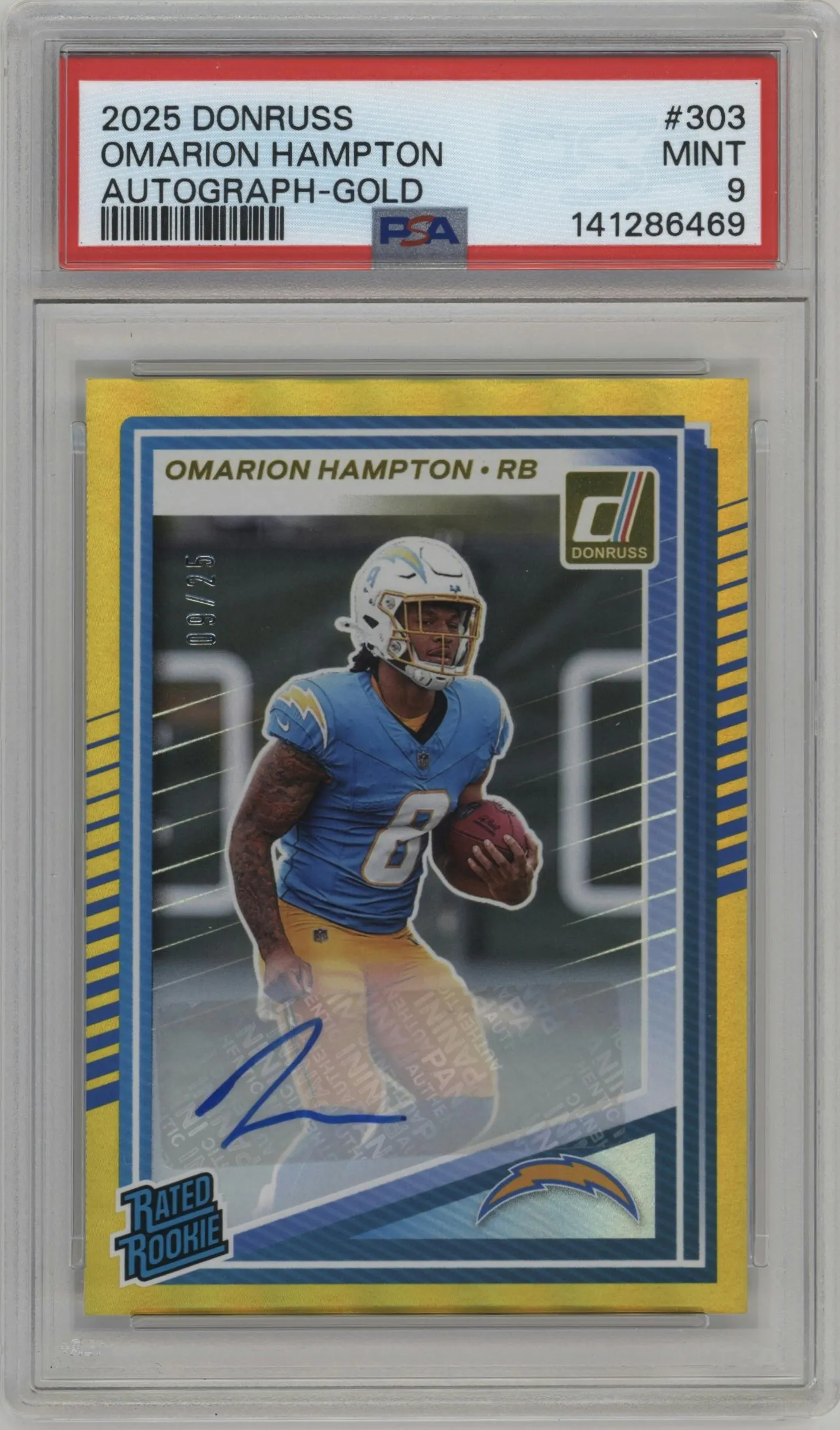 2025 Panini Donruss Rtd.Rke.Auto Omarion Hampton Gold #303 PSA 9