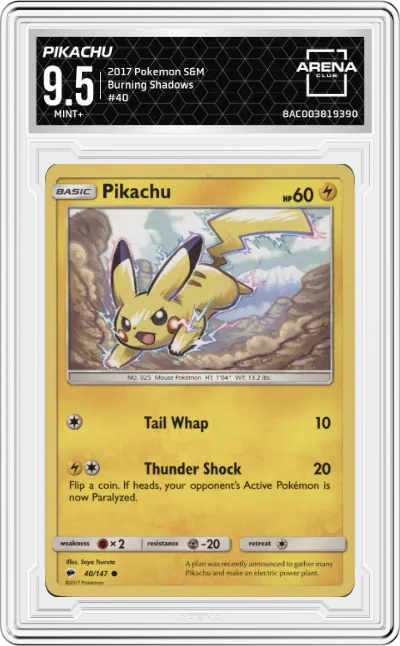 2017 Pokemon S&M Burning Shadows Pikachu #40 ARENA CLUB 9.5