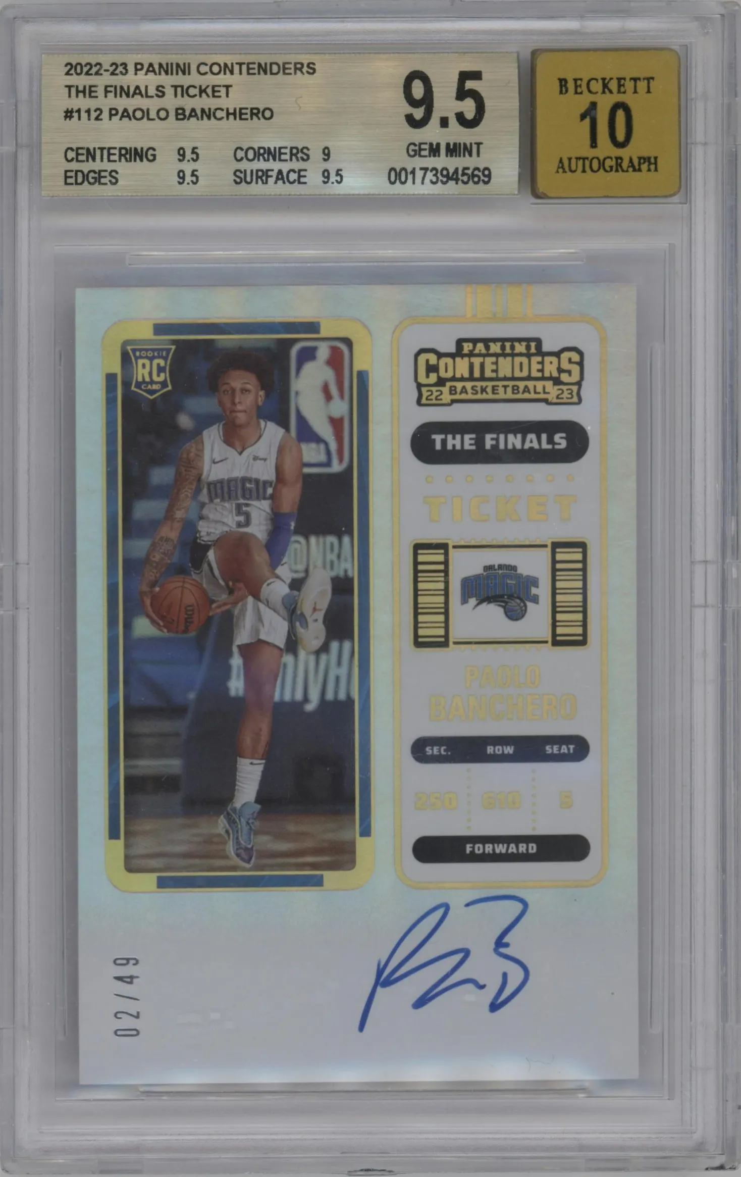 2022 Panini Contenders Rke.Tkt.Auto Paolo Banchero The Finals #112 BGS 9.5