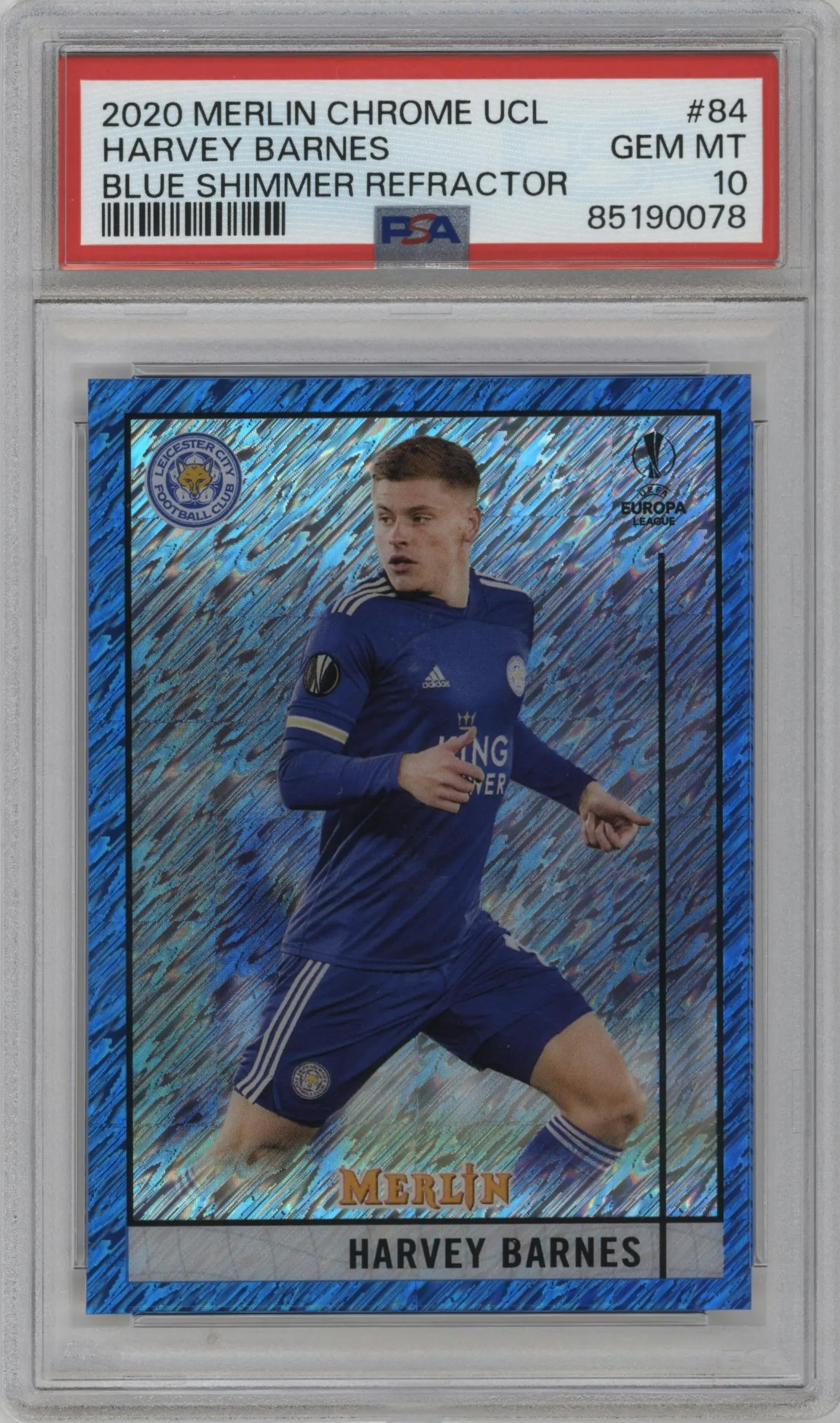 2020 Topps Chrome Merlin UEFA Harvey Barnes Blue Shimmer Refractor #84 PSA 10