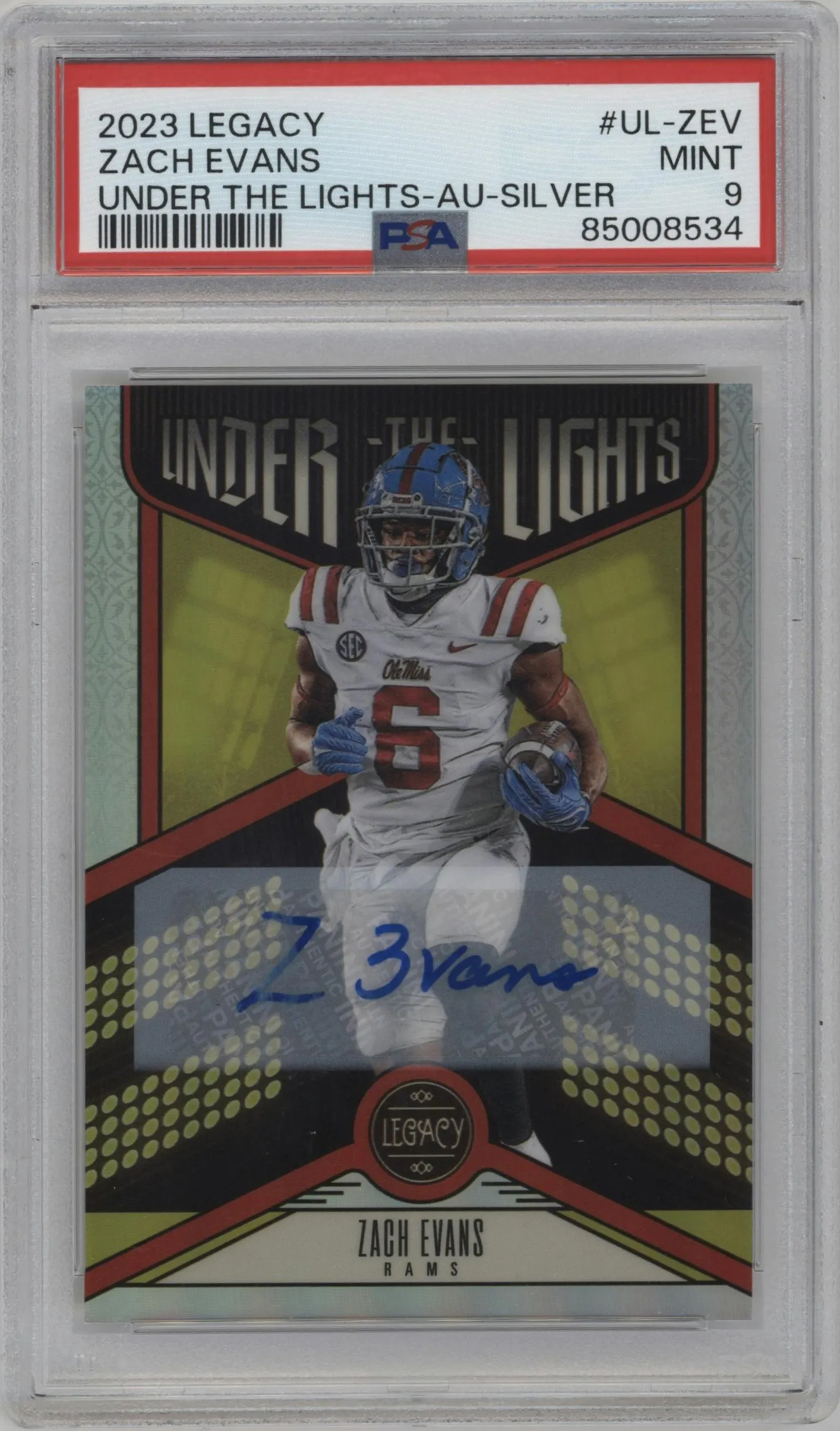 2023 Panini Legacy Under the Lights Auto Zach Evans Silver #UL-ZEV PSA 9