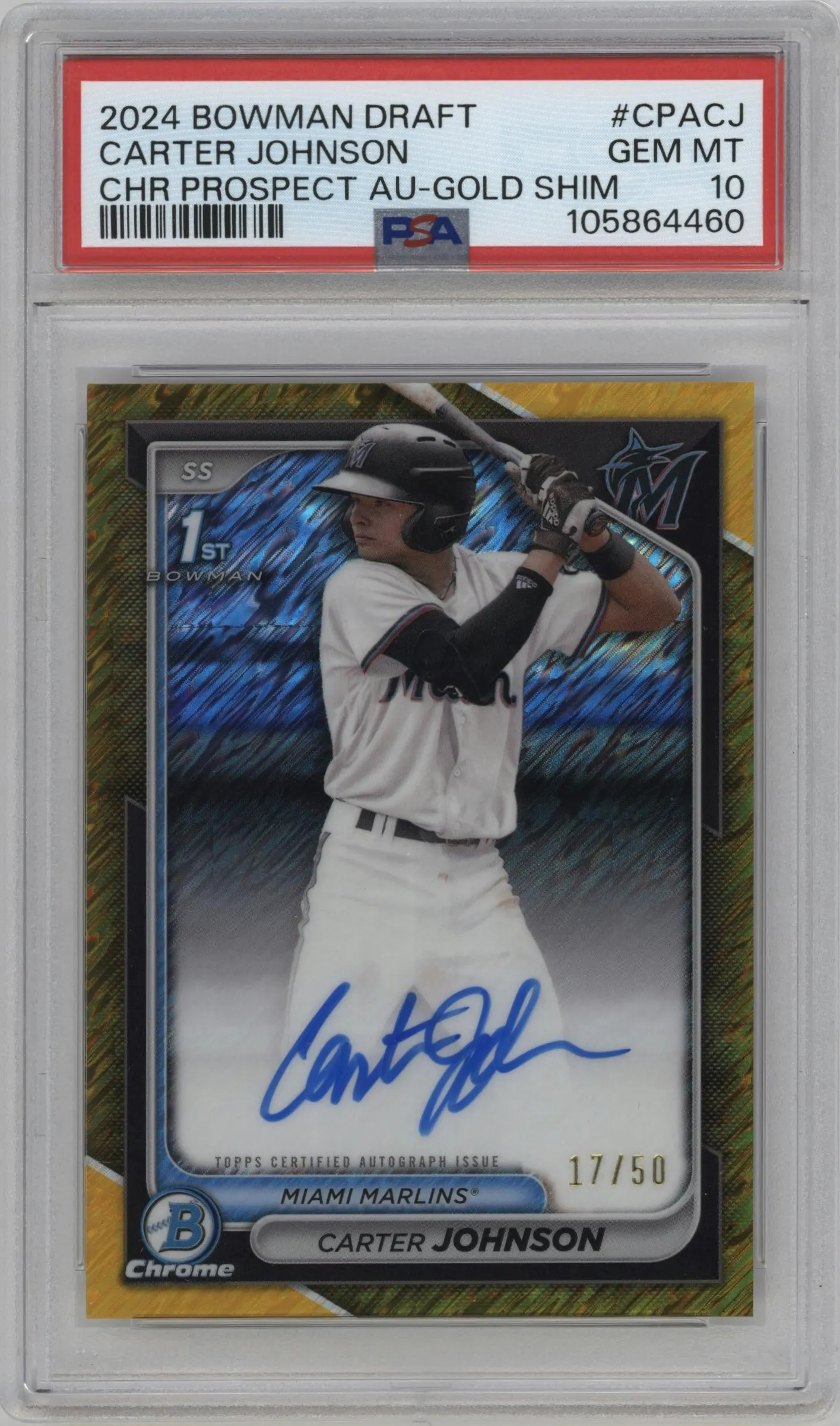 2024 Bowman Draft Chr.Pros.Auto Carter Johnson Gold Shimmer Refractor #CPA-CJ PSA 10