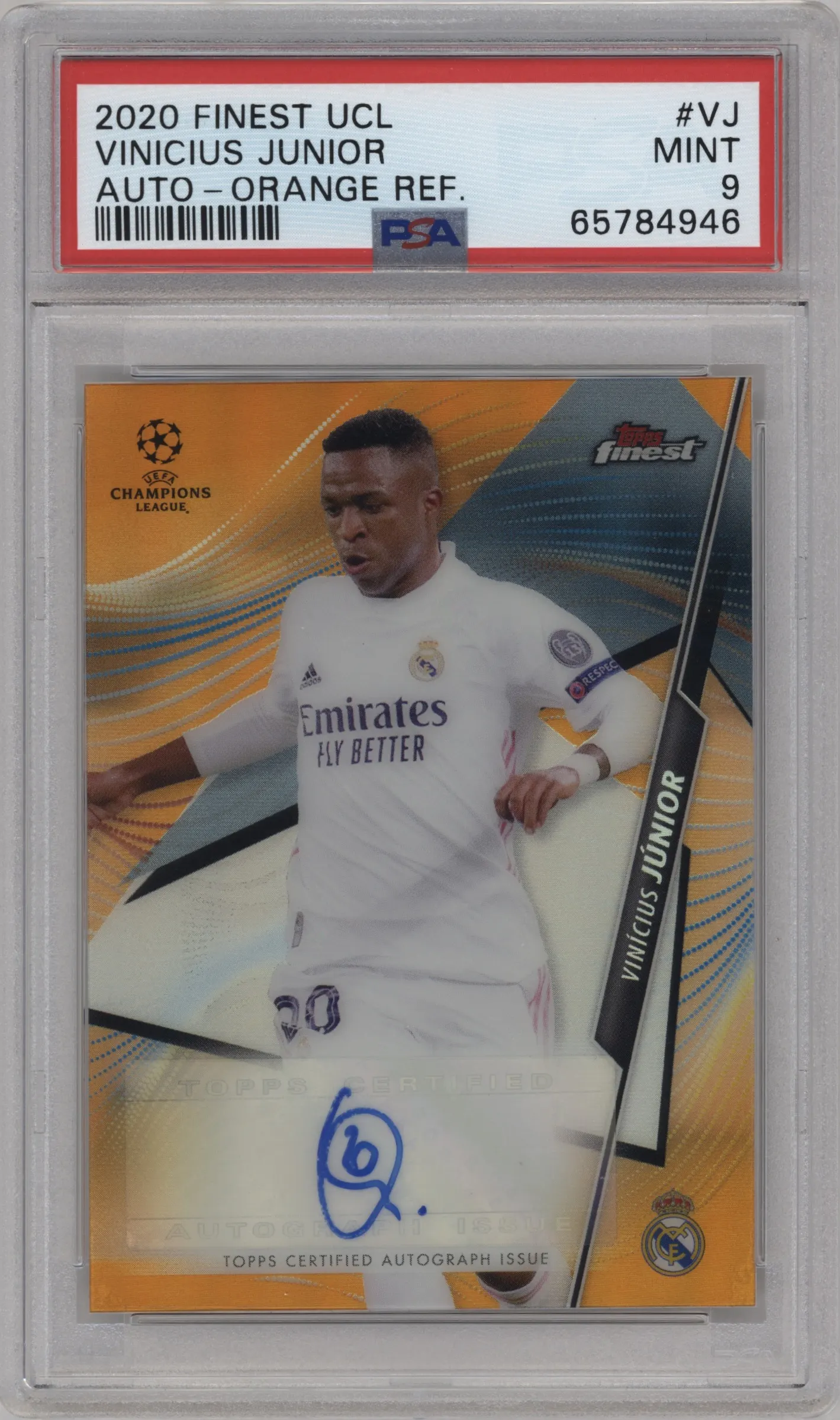 2020 Topps Finest UEFA Champions League Auto Vinicius Junior Orange Refractor #FA-VJ PSA 9