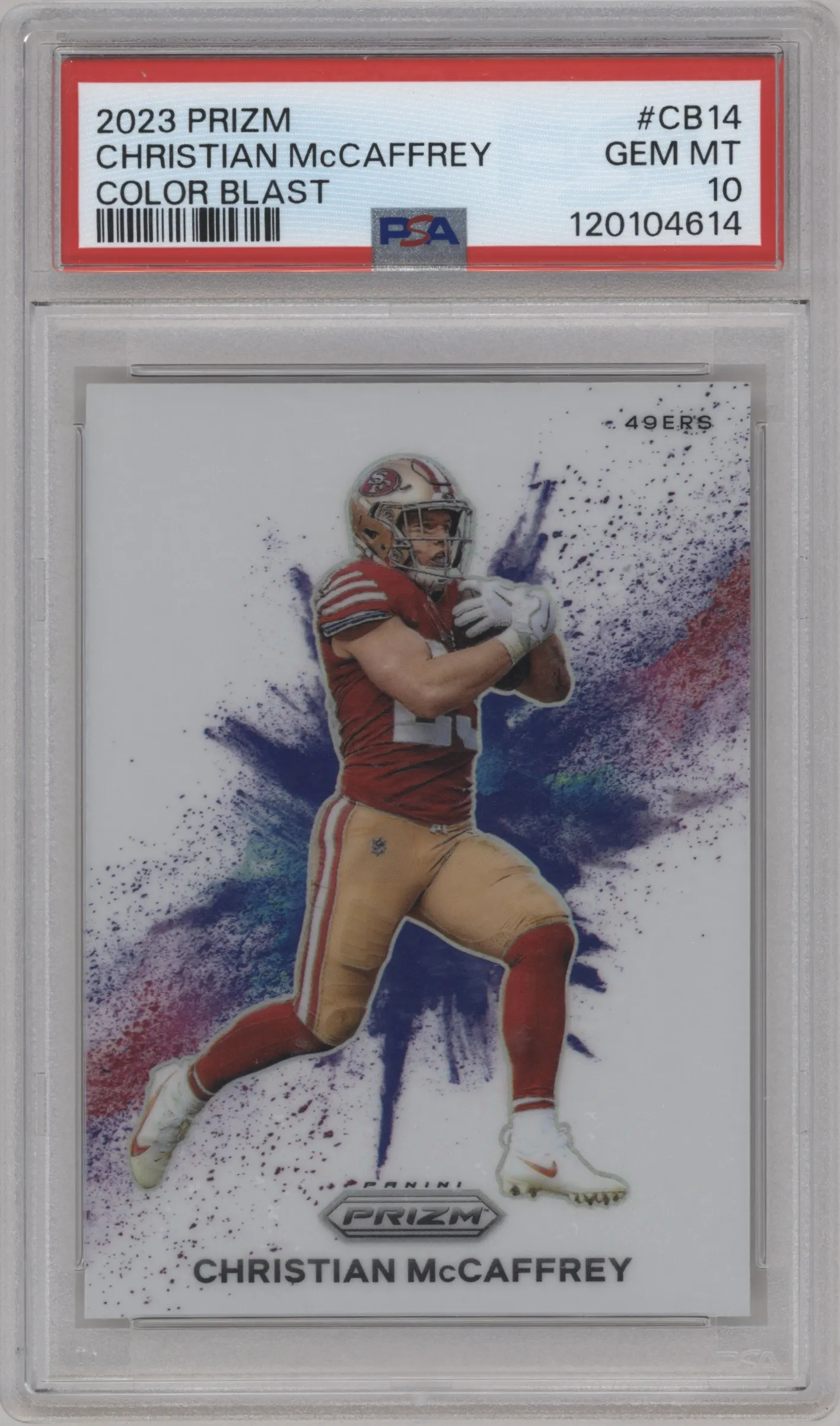 2023 Panini Prizm Color Blast Christian McCaffrey #CB-14 PSA 10