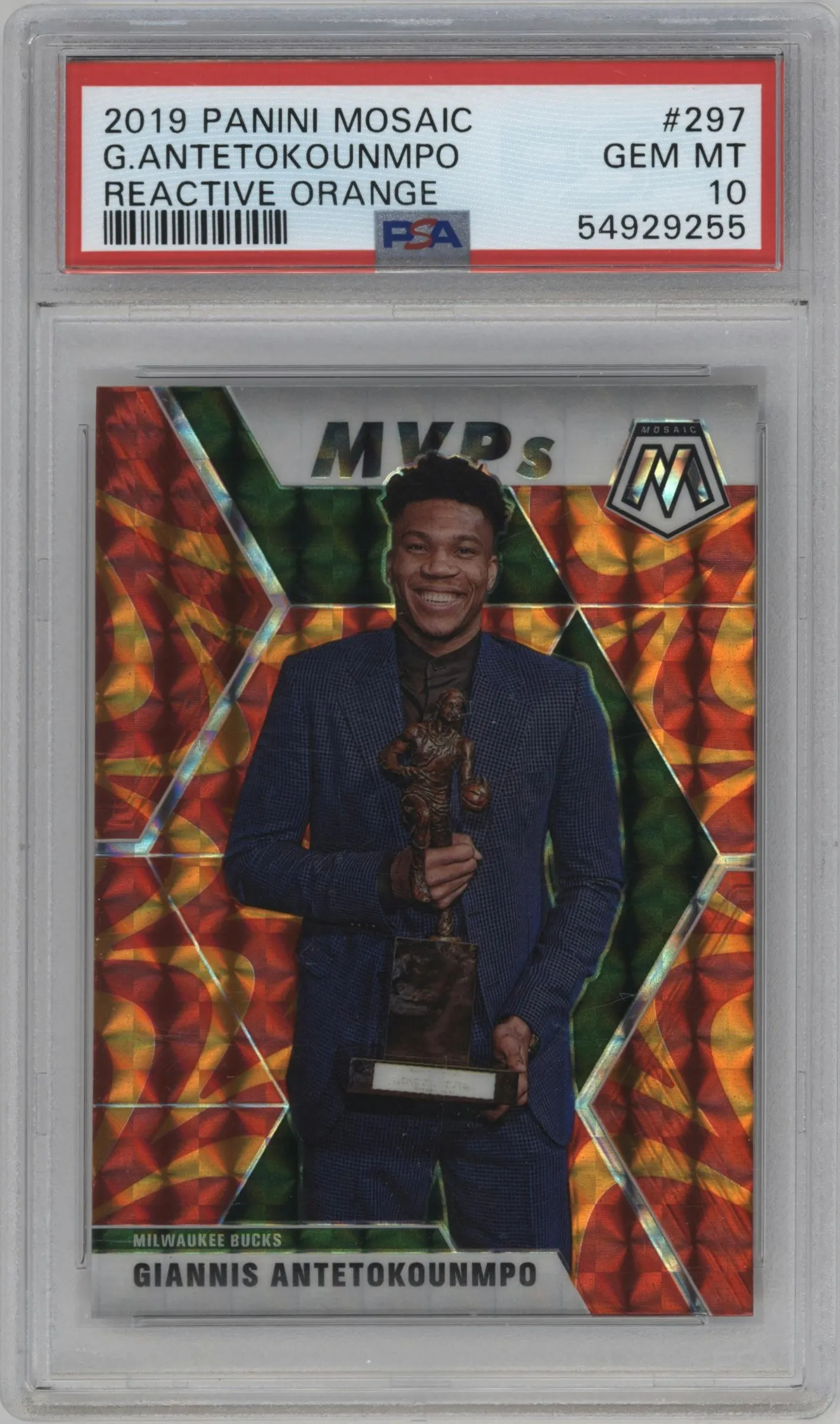 2019 Panini Mosaic Giannis Antetokounmpo Reactive Orange #297 PSA 10