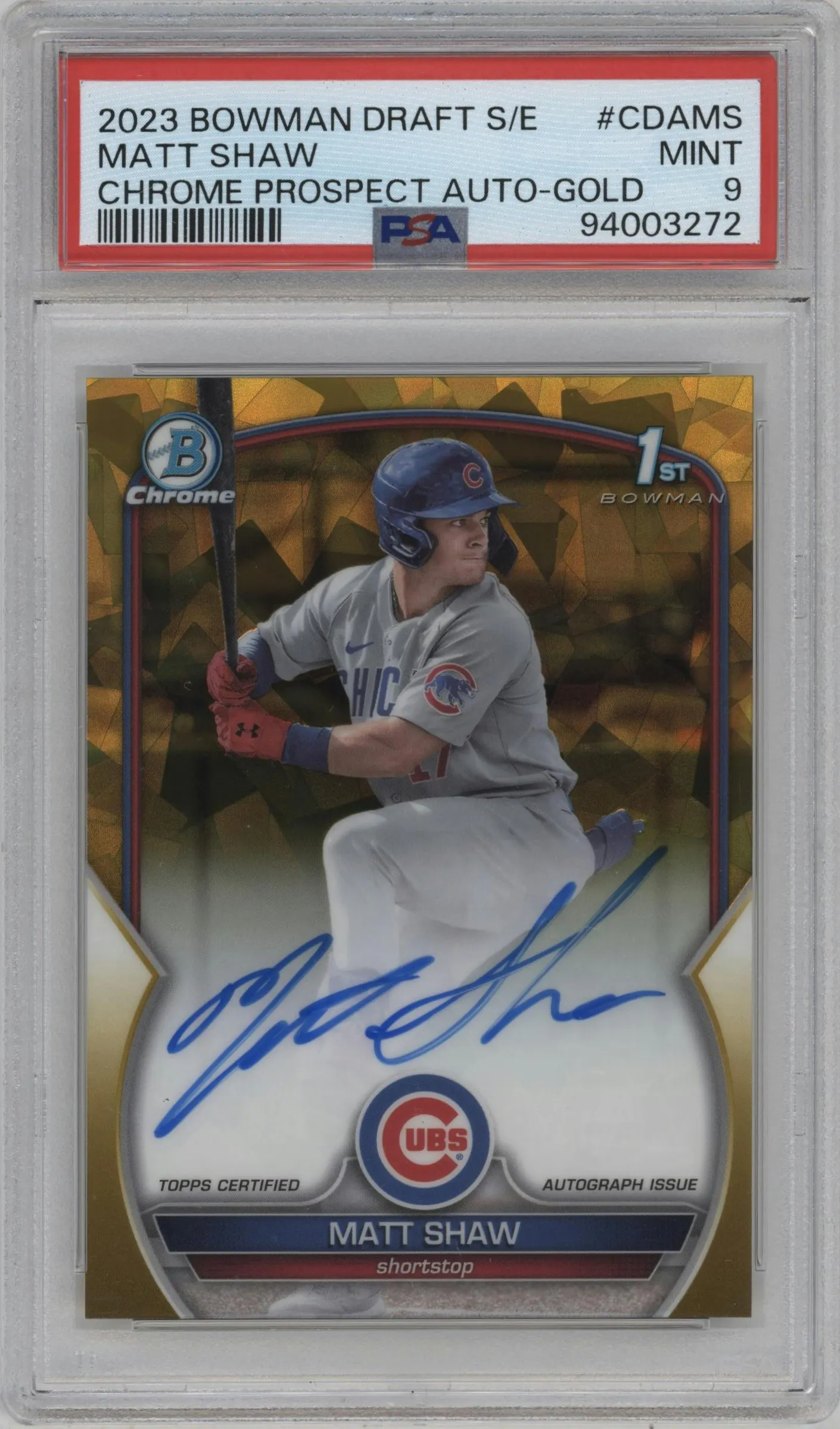 2023 Bowman Draft Sapphire Chr.Pros.Auto Matt Shaw Gold PSA 9