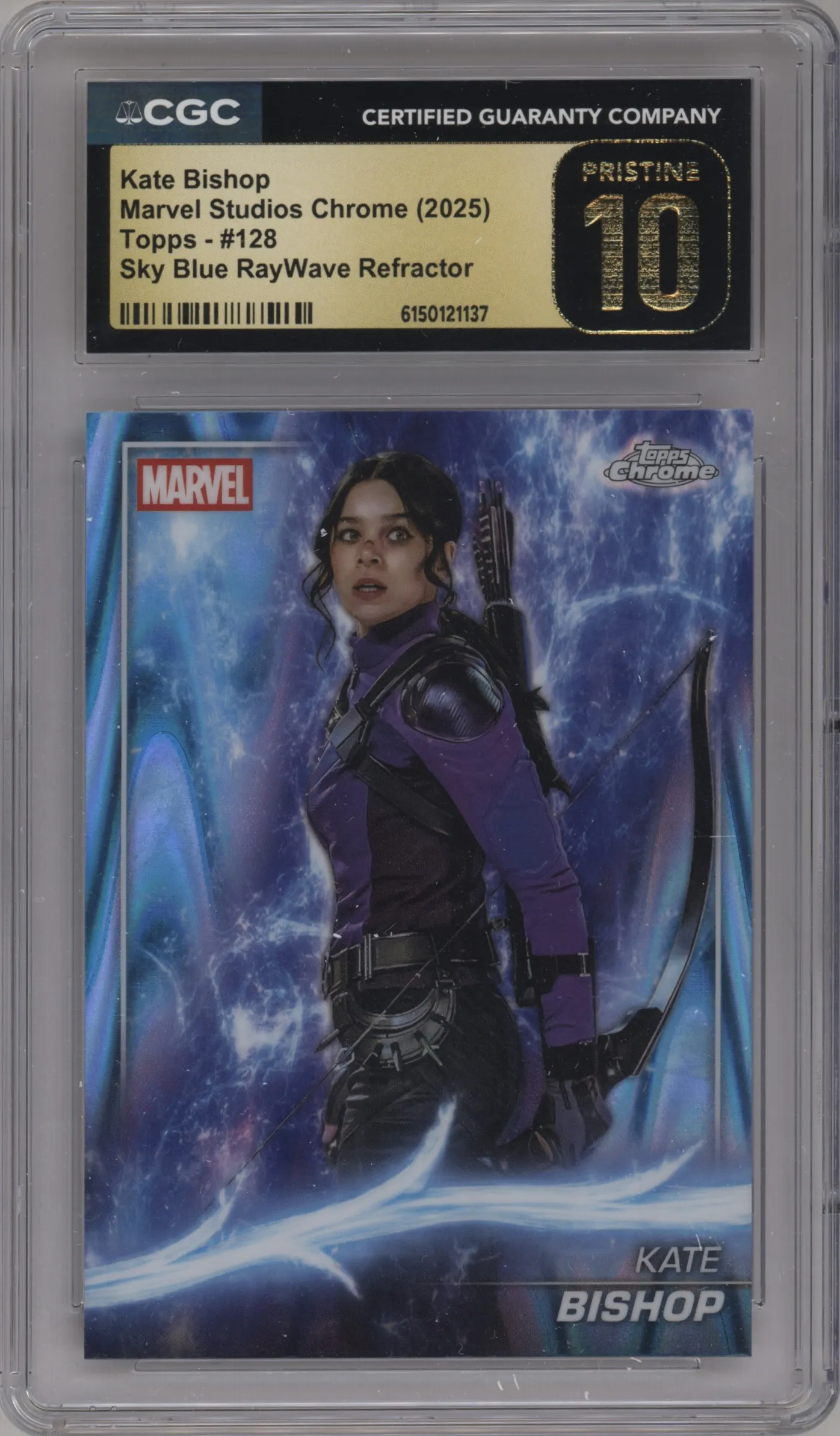 2025 Topps Chrome Marvel Studios Kate Bishop Sky Blue RayWave Refractor #128 CGC 10