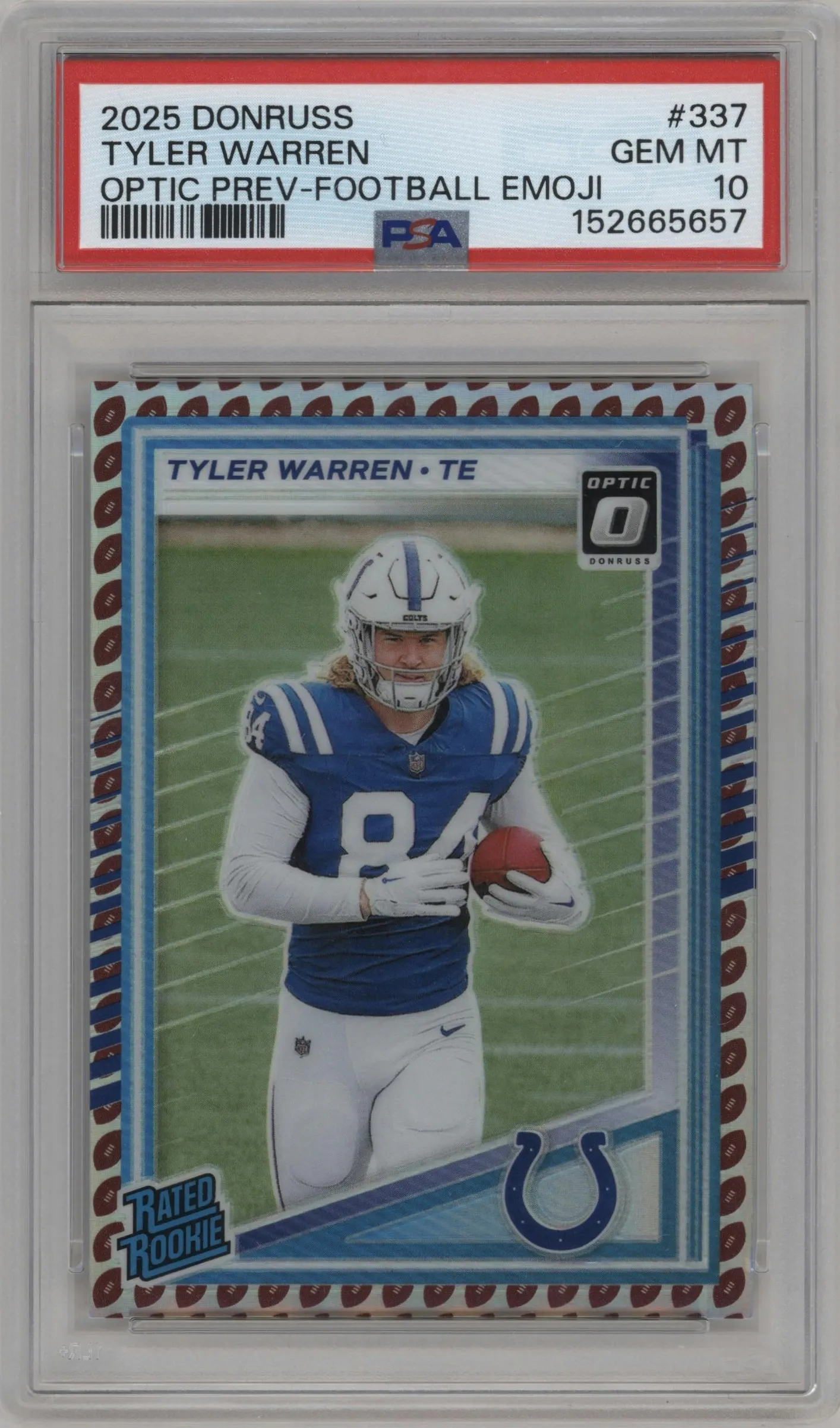 2025 Panini Donruss Opt.Rtd.Rke.Prev. Tyler Warren Football Emoji PSA 10
