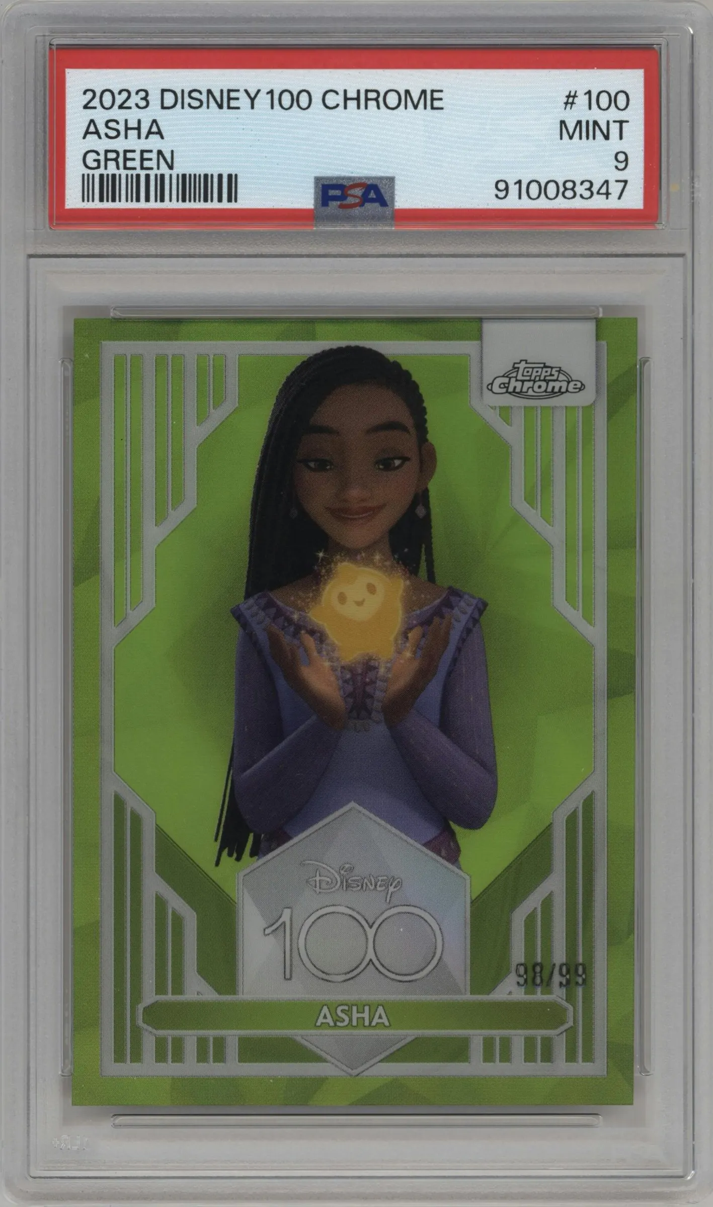 2023 Topps Chrome Disney 100 Asha Green Refractor #100 PSA 9